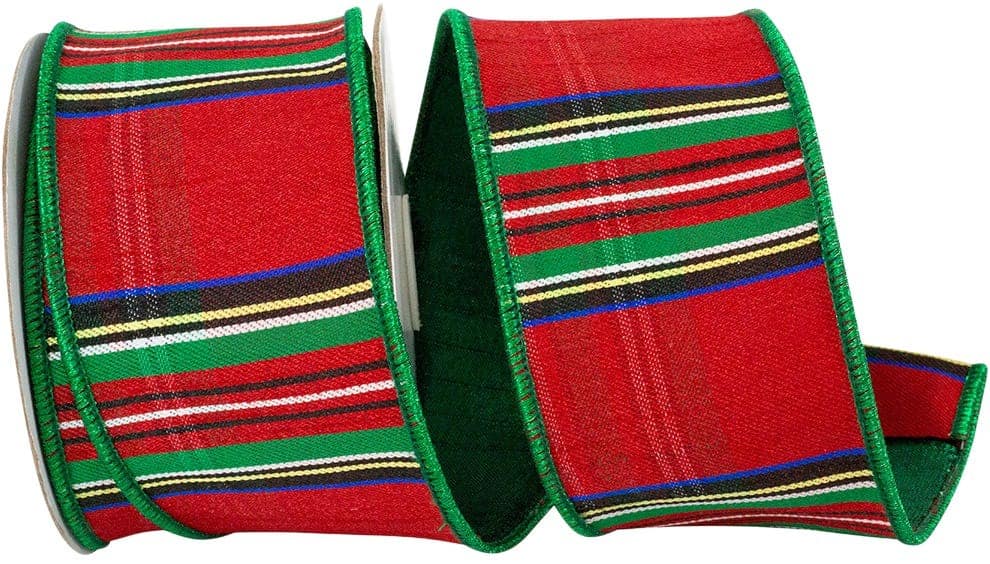 JAM Paper 2.5" x 10yd. Scarlet Traditional Christmas Plaid Metallic Backed Wired Edge Ribbon