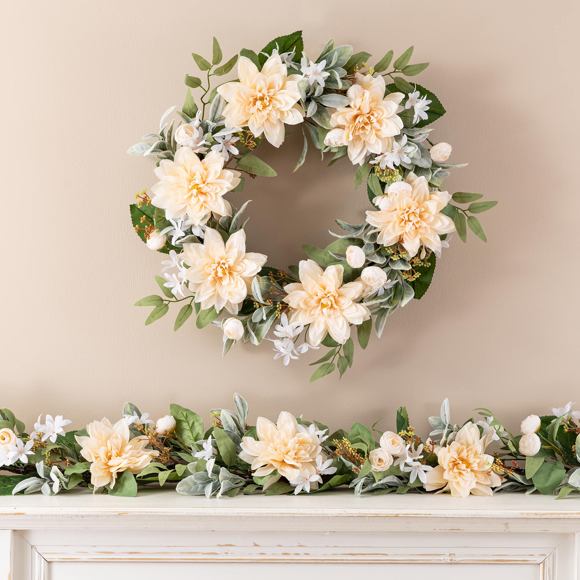 Glitzhome® 24" Peach Dahlia Floral Wreath with Black Metal Hanger