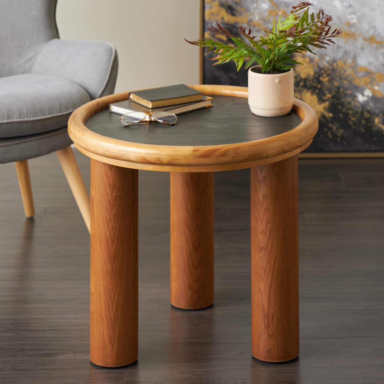 23.5" Brown Wood Handmade Round Living Room Coffee Table with Black Tabletop