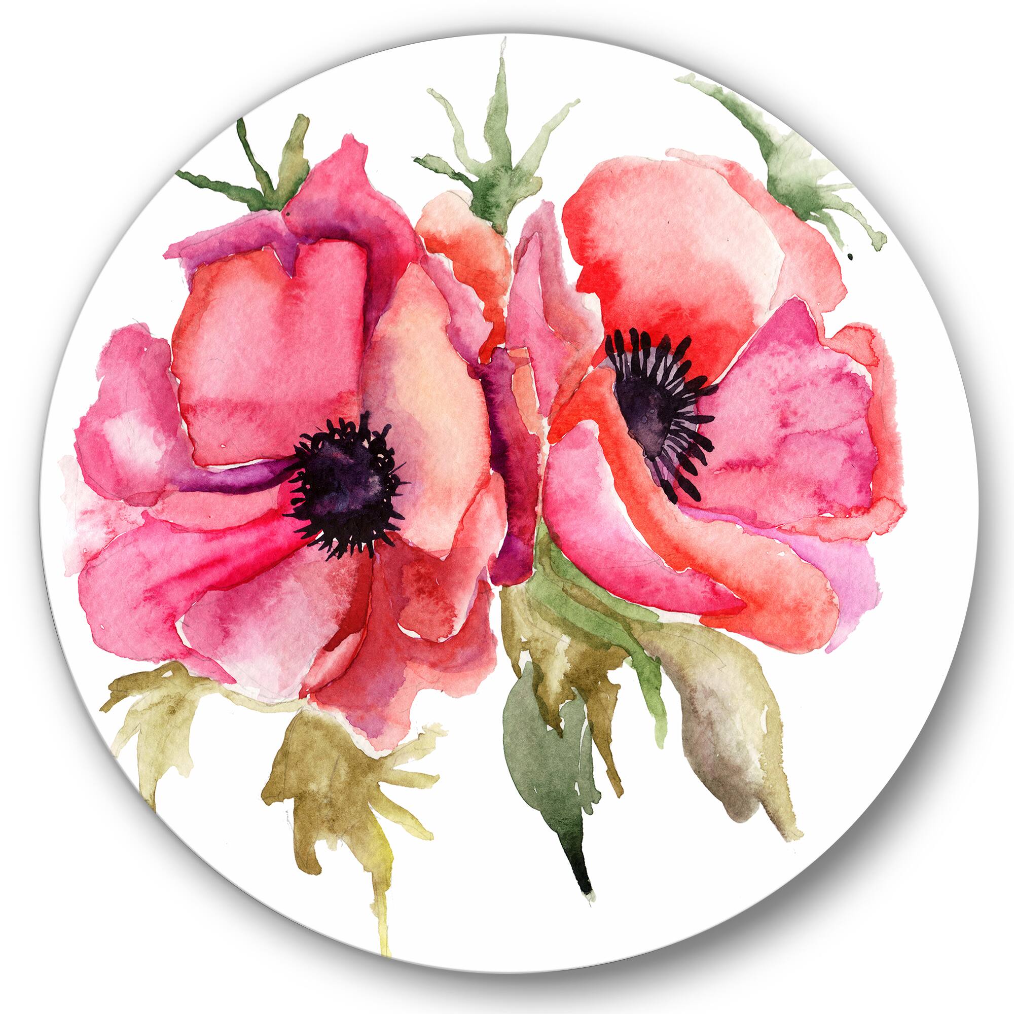 Designart - Stylized Poppy Flowers - Traditional Metal Circle Wall Art