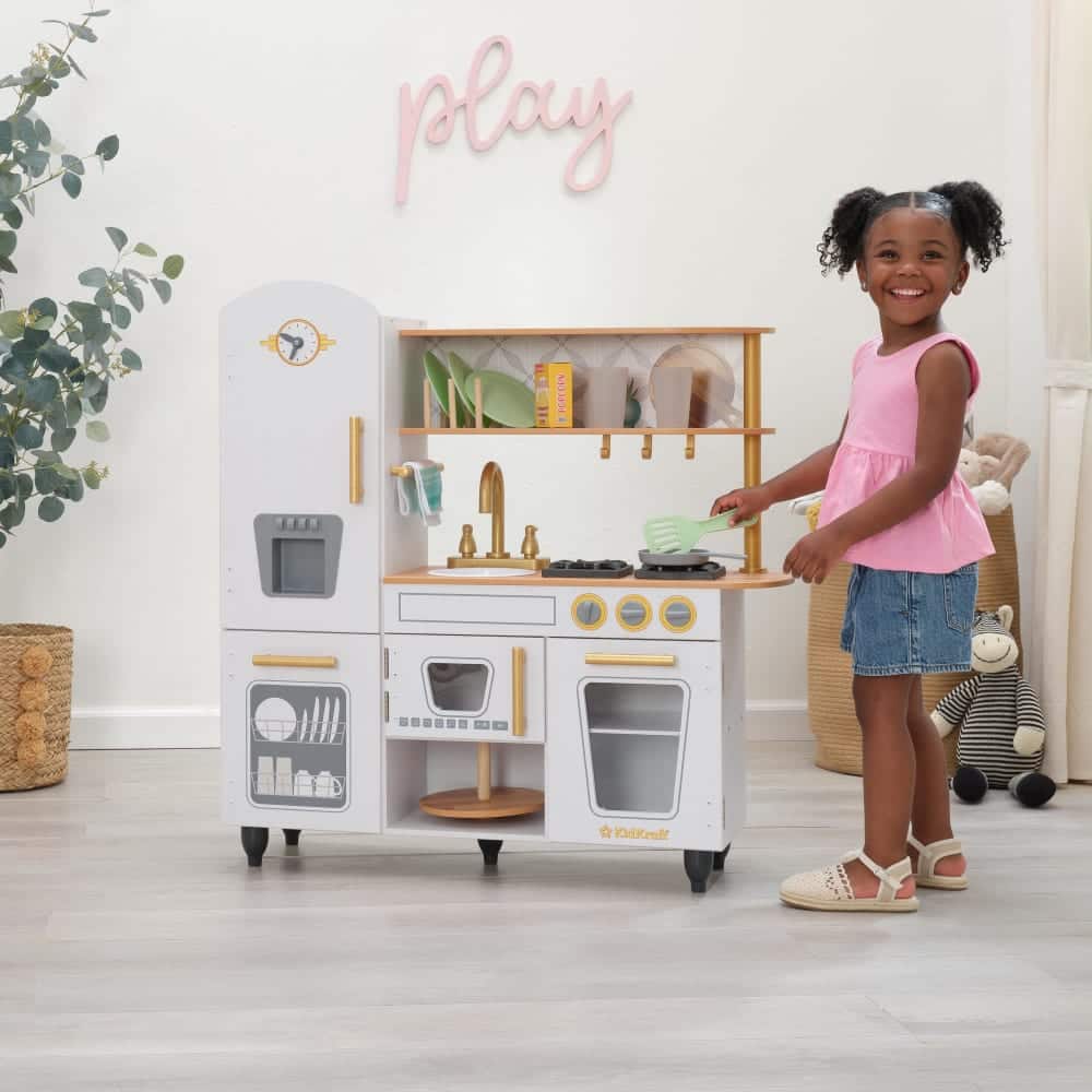 KidKraft White Wooden Vintage Play Kitchen with Ice Maker, Play Phone & Accessories