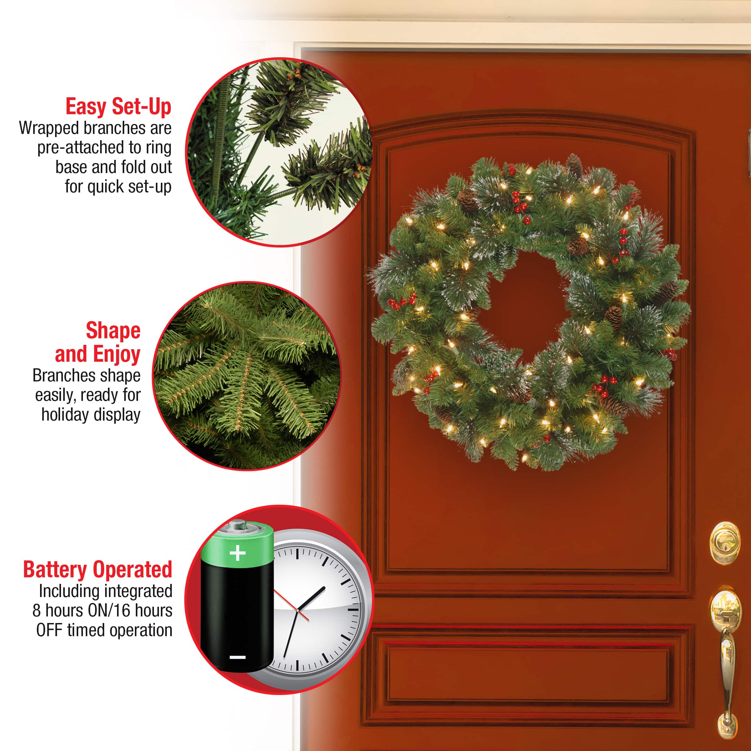 30" Crestwood® Spruce Wreath with Cones, Red Berries, Glitter & 70ct. Warm White Battery Operated LED Lights with Timer