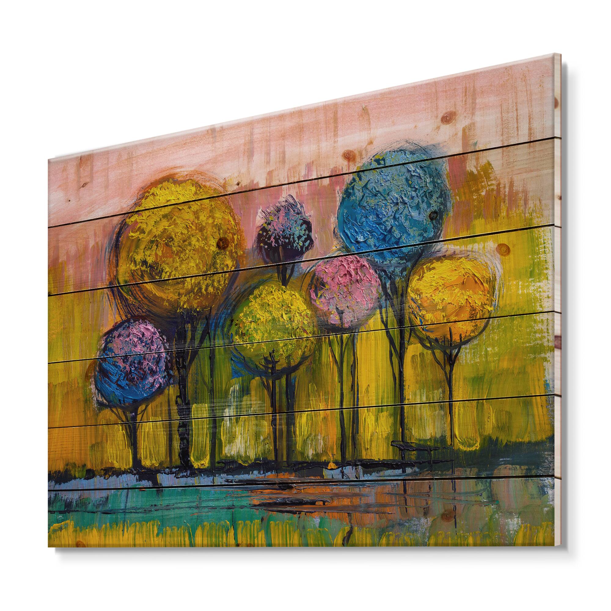 Designart - Colourful Trees Impressionist Landscape IV - Modern Print on Natural Pine Wood