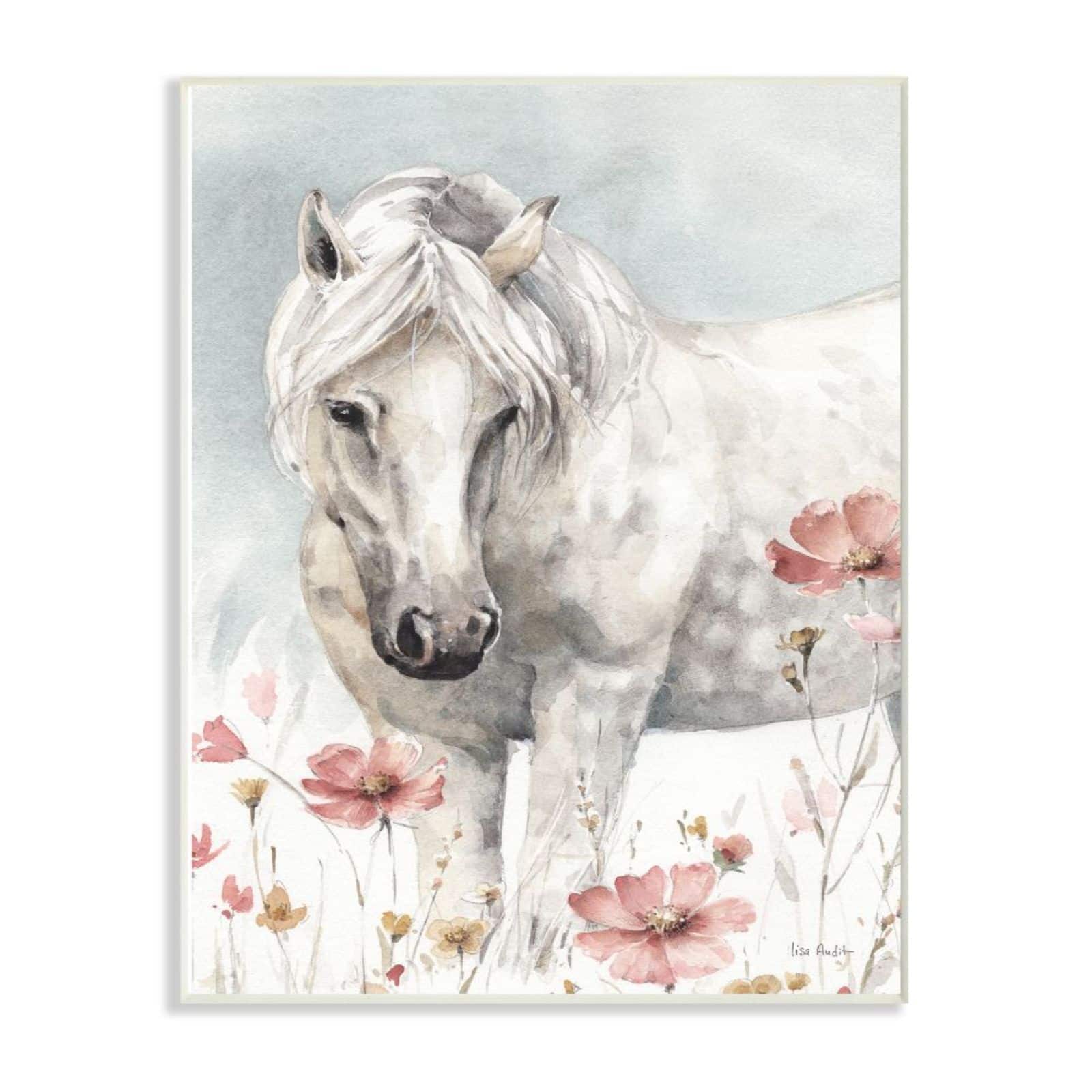 Stupell Industries Beautiful Horse Pink Flower Animal Watercolor Painting