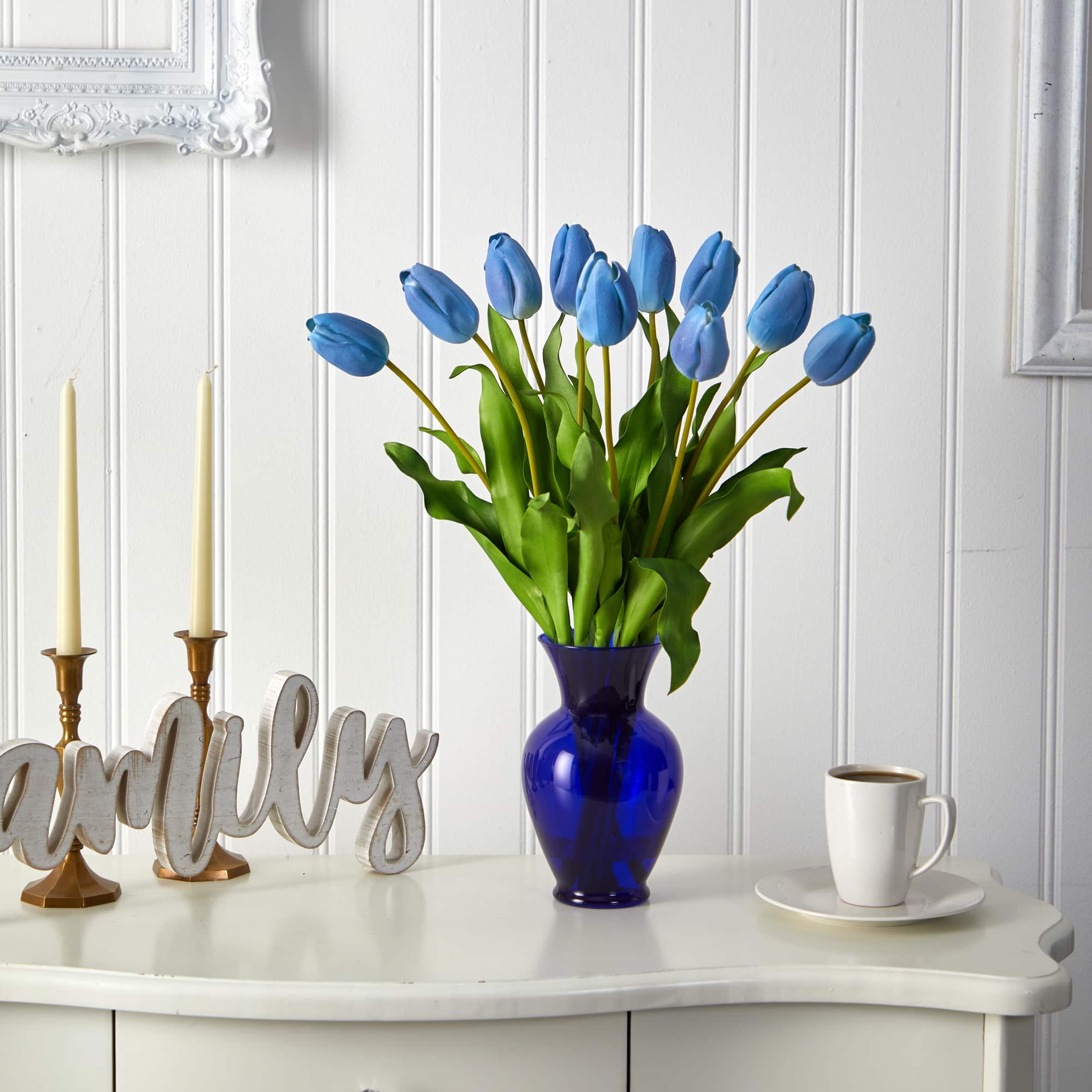 22" Light Blue Dutch Tulip Arrangement in Blue Vase