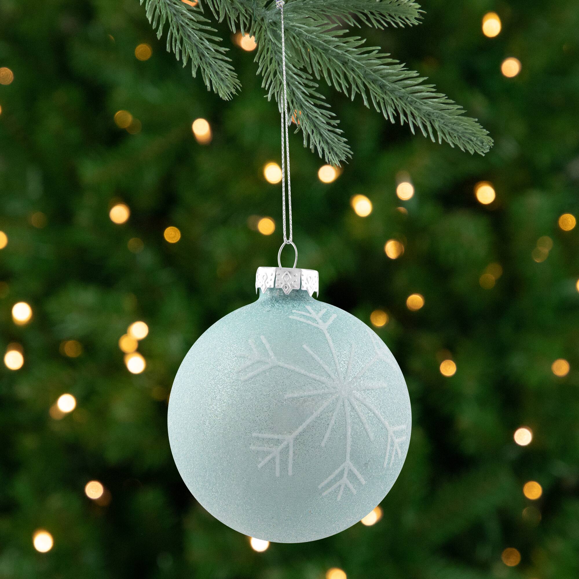 4ct. 3.25" Blue & Silver Snowflake Glass Christmas Ball Ornaments