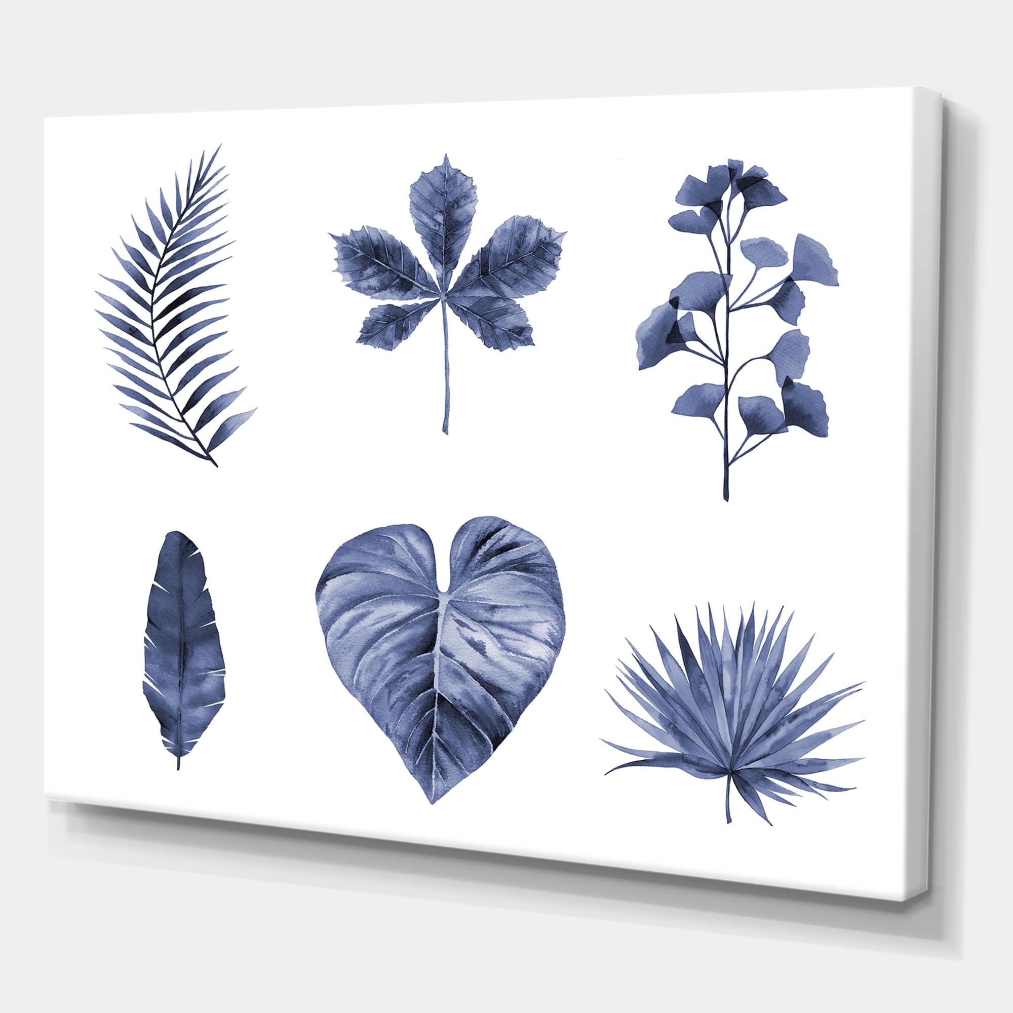 Designart - Abstract Blue Set Of Plant Leaves - Traditional Canvas Wall Art Print