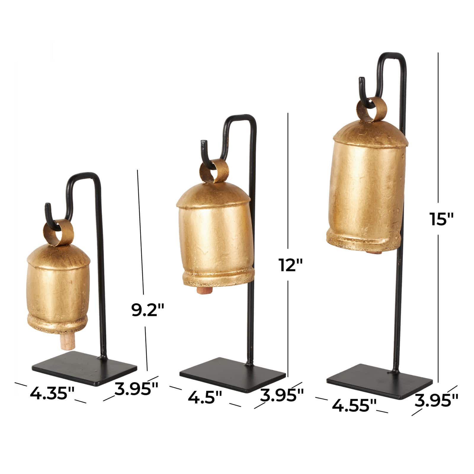 Gold Metal Decorative Cow Bells with Black Stand & Brown Wooden Clapper Set