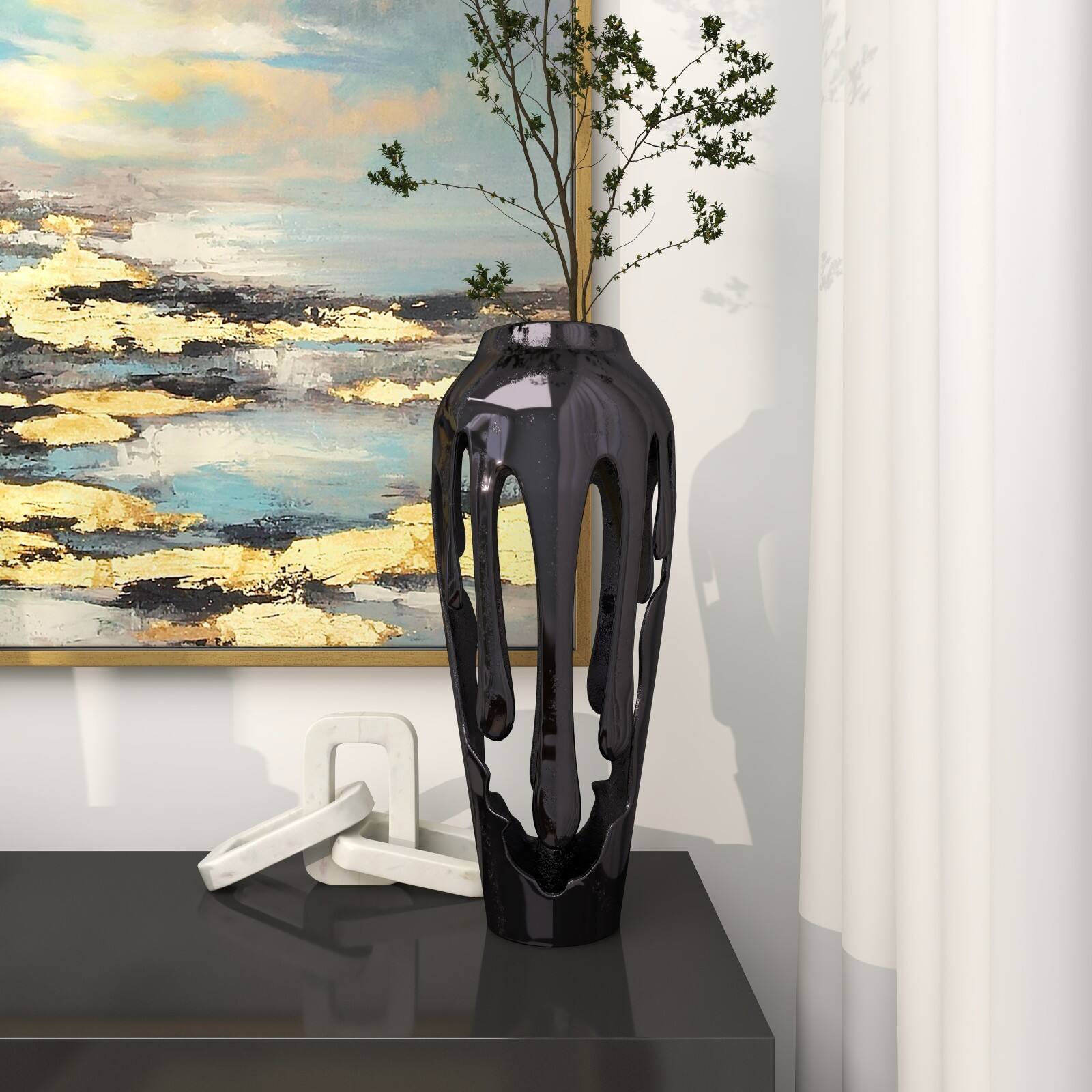 19" Black Aluminum Drip Vase with Melting Designed Body