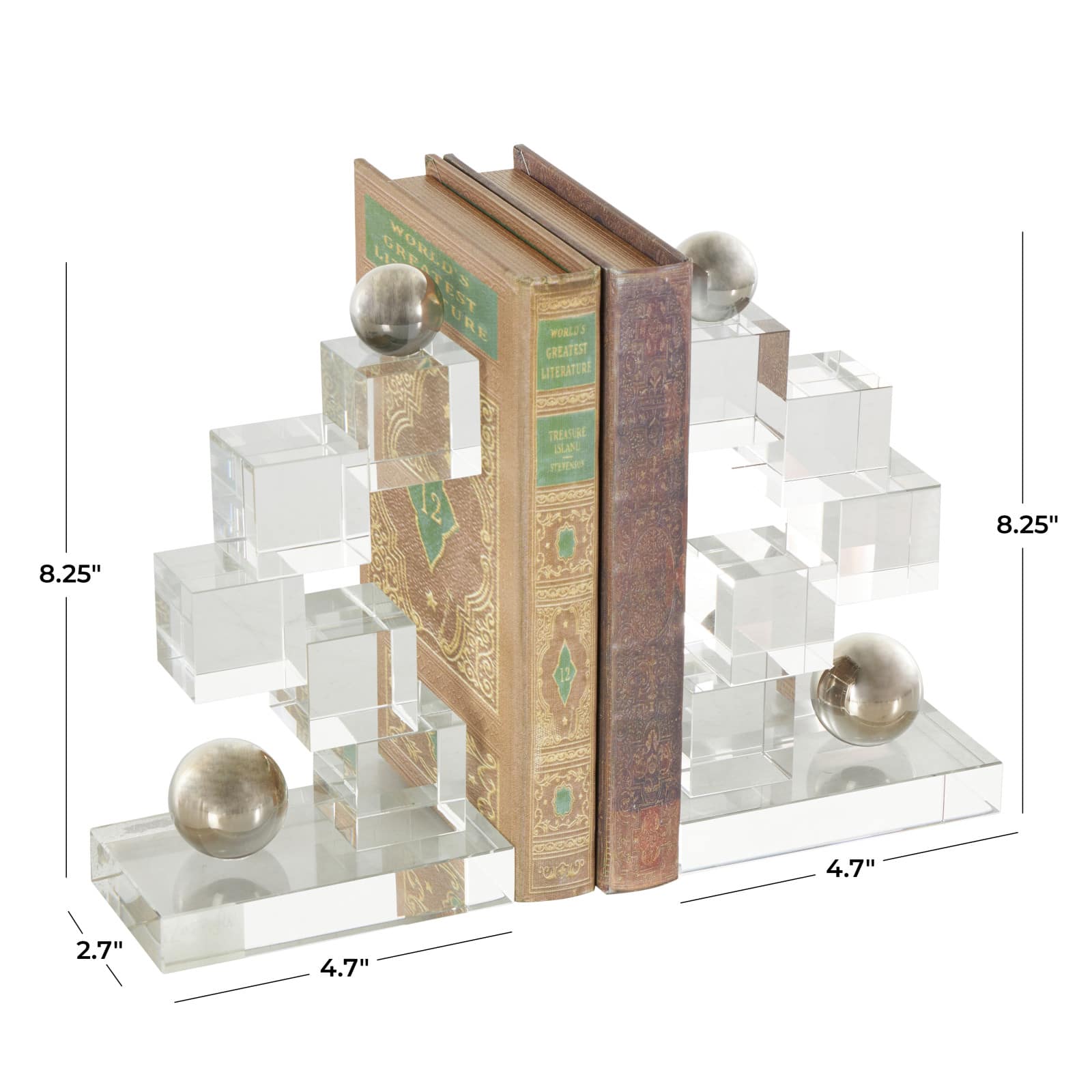 8.25" Clear Glass Stacked Squares Bookends with Silver Orbs, 2ct.