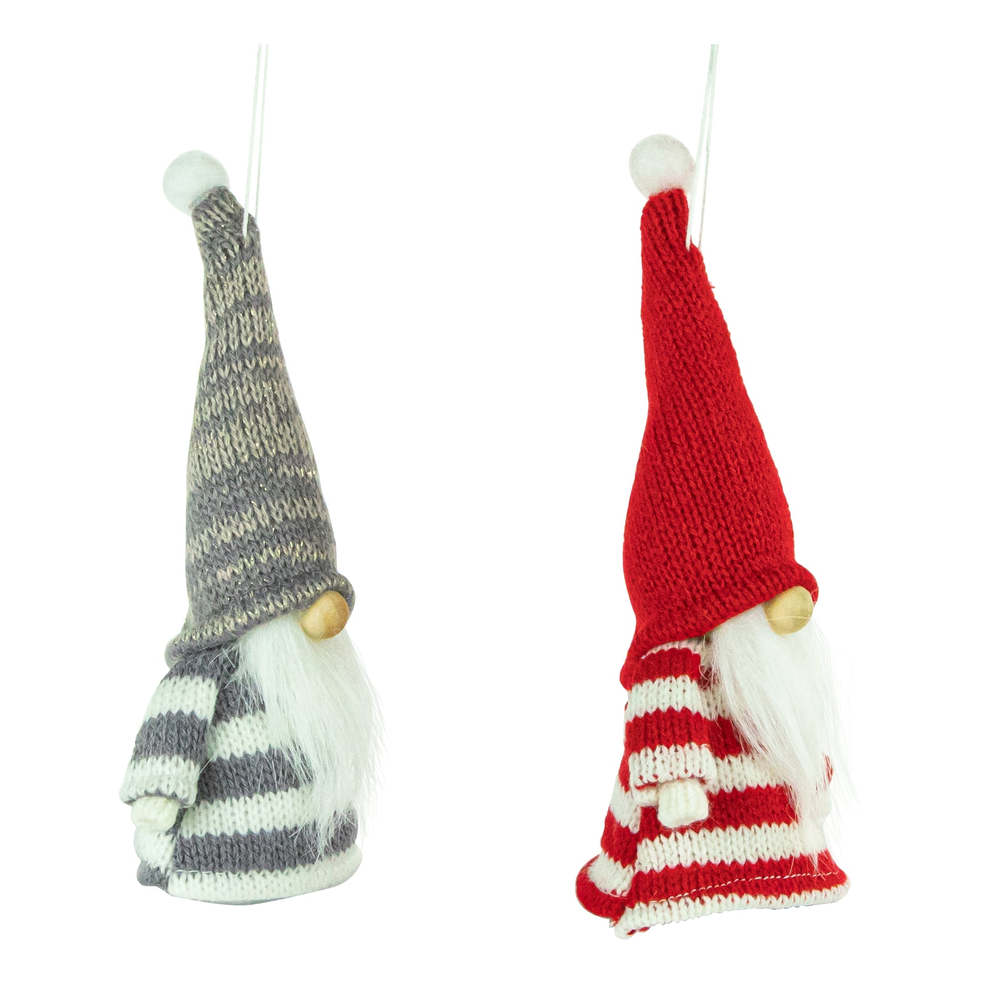 Set of 2 Red and Gray Striped Gnome Plush Christmas Ornaments 6.25"