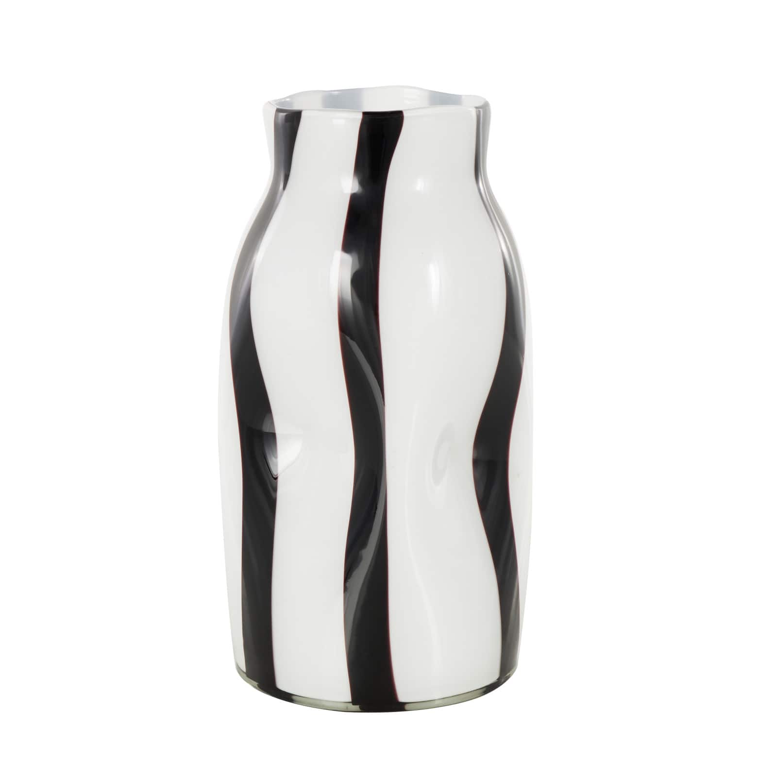 12" White & Black Stripes Round Concaved Glass Vase