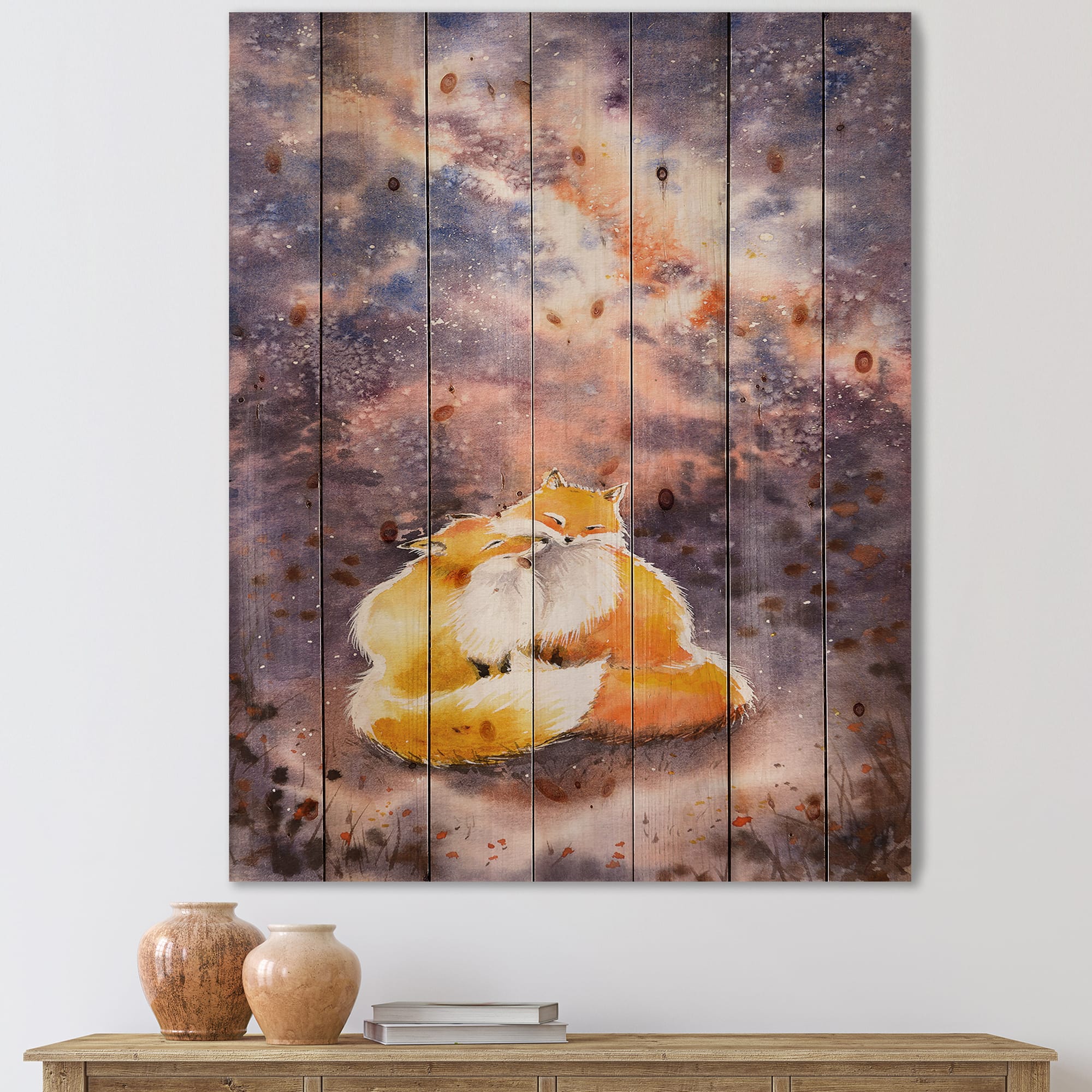 Designart - Hugging Foxes Over A Night Sky
