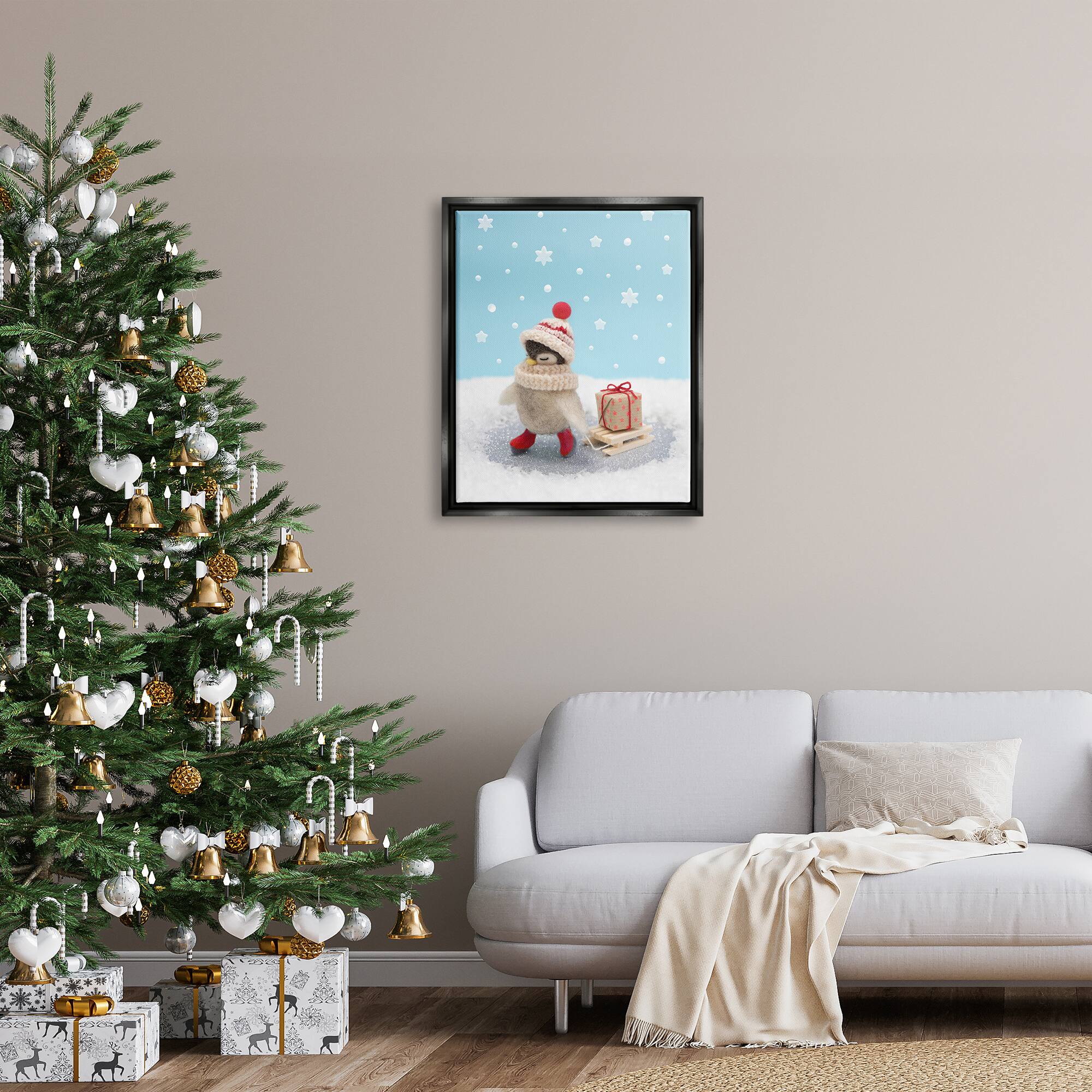 Stupell Industries Penguin Christmas Present Sled Framed Floater Canvas Wall Art