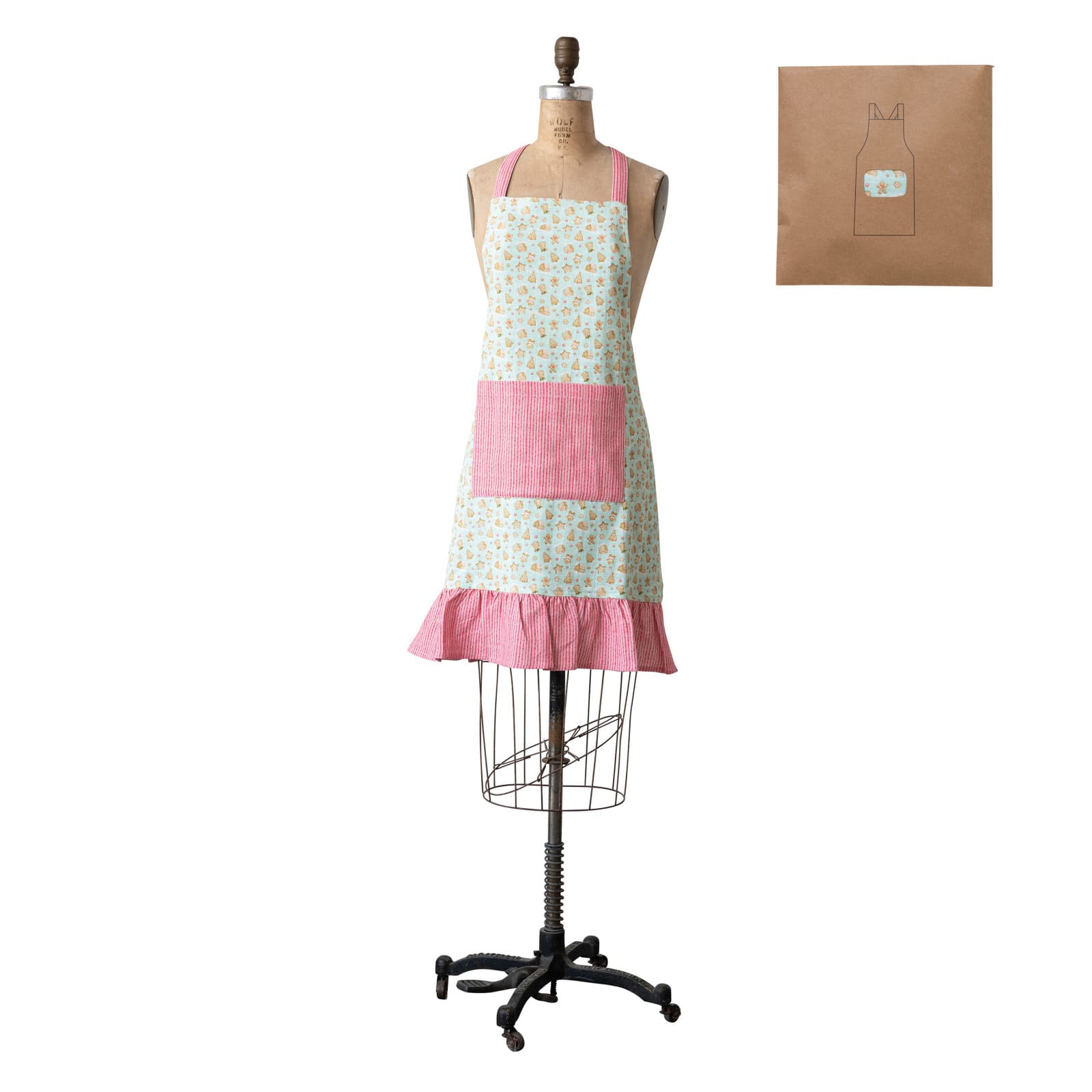 Hello Honey® 32" Multicolor Gingerbread Cotton Printed Ruffled Apron with Pocket