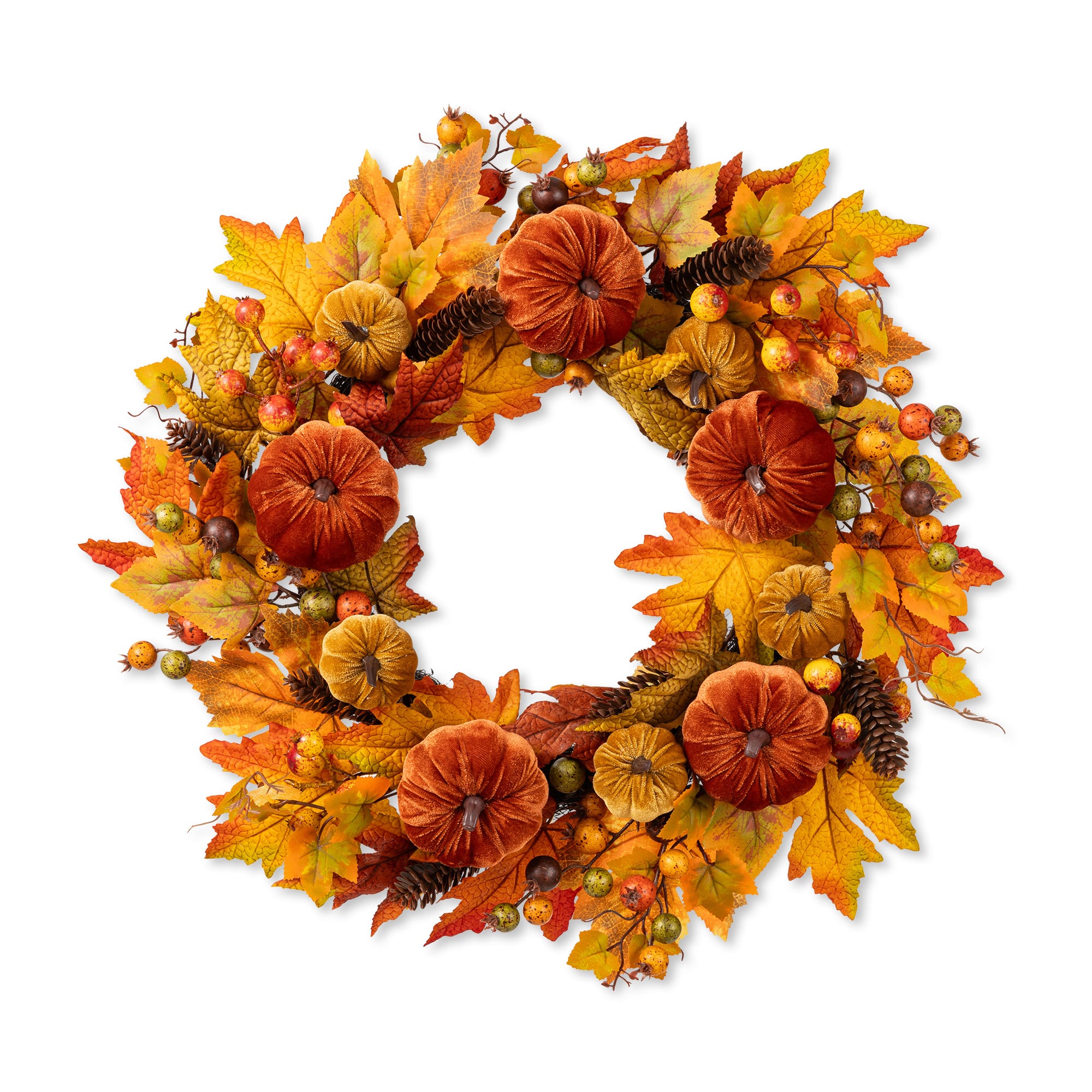 Glitzhome® 24" Fall Velvet Pumpkin, Pinecone & Berry Wreath with Black Metal Wreath Hanger