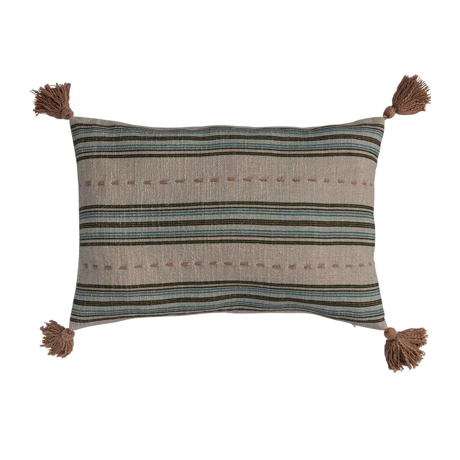 Hello Honey® Multicolor Hand-Embroidered Stripes Cotton Slub Lumbar Pillow with Tassels