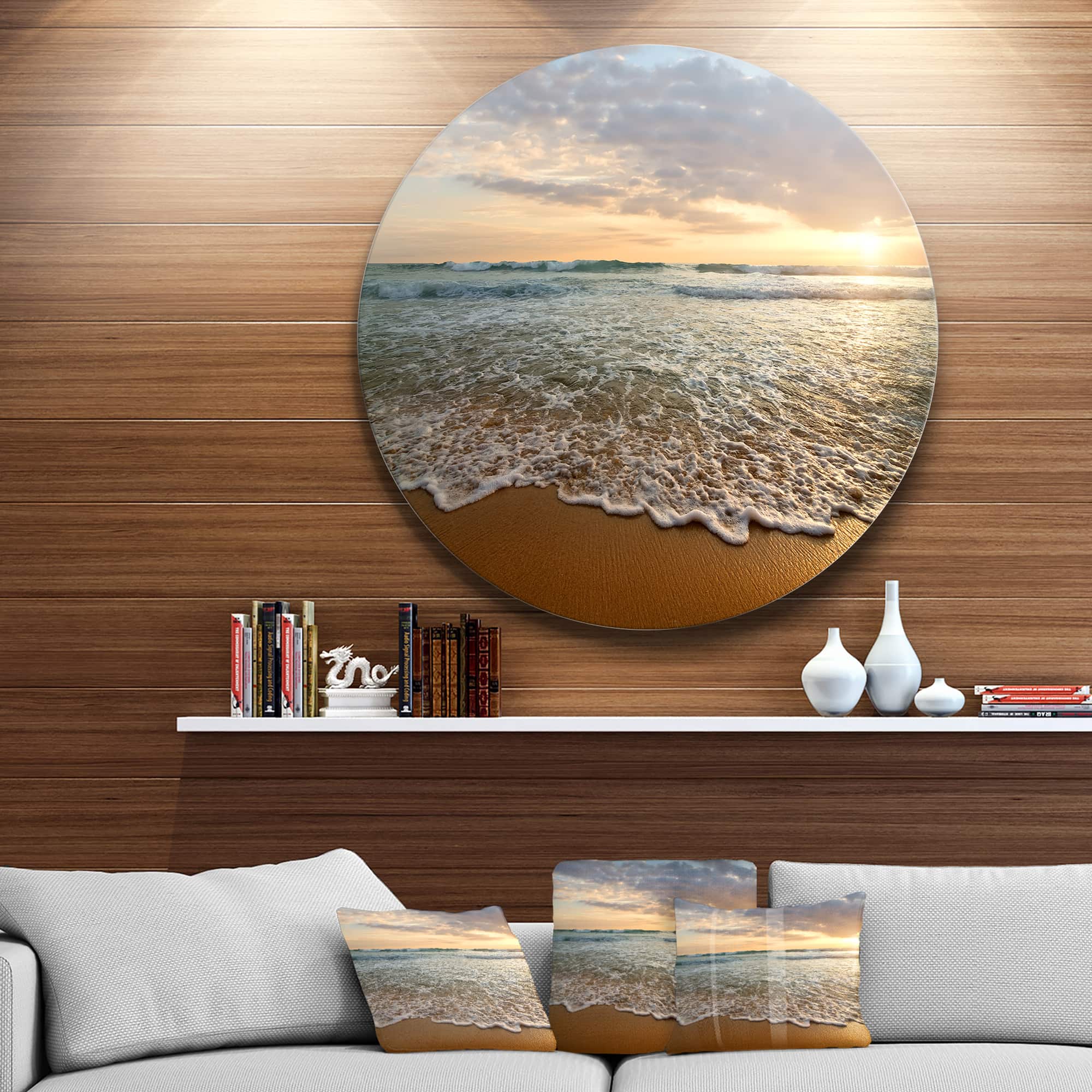 Designart - Bright Cloudy Sunset in Calm Ocean' Seashore Circle Metal Wall Art