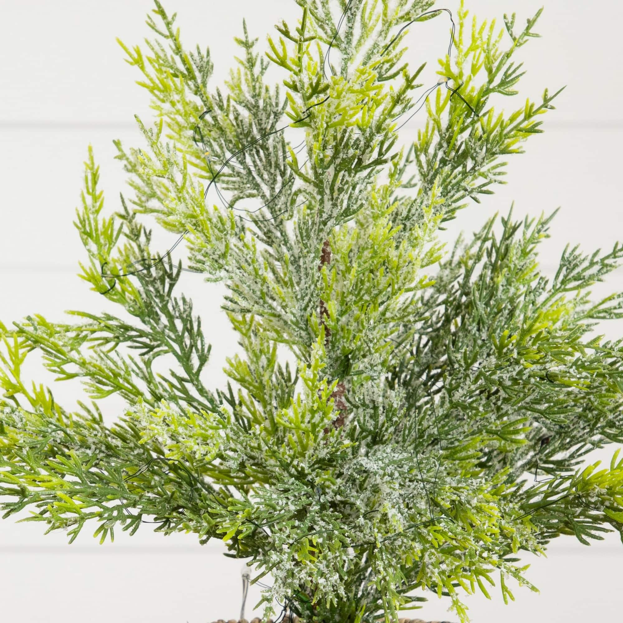 Nearly Natural 18" Pre-Lit Artificial Snowed Cypress Christmas Tree in Hyacinth Basket, Warm White LED Lights