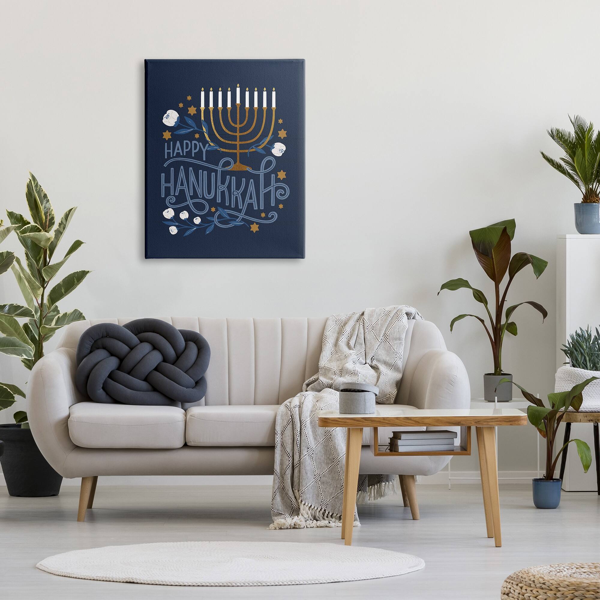 Stupell Industries Happy Hanukkah Traditional Menorah Symbols Canvas Wall Art