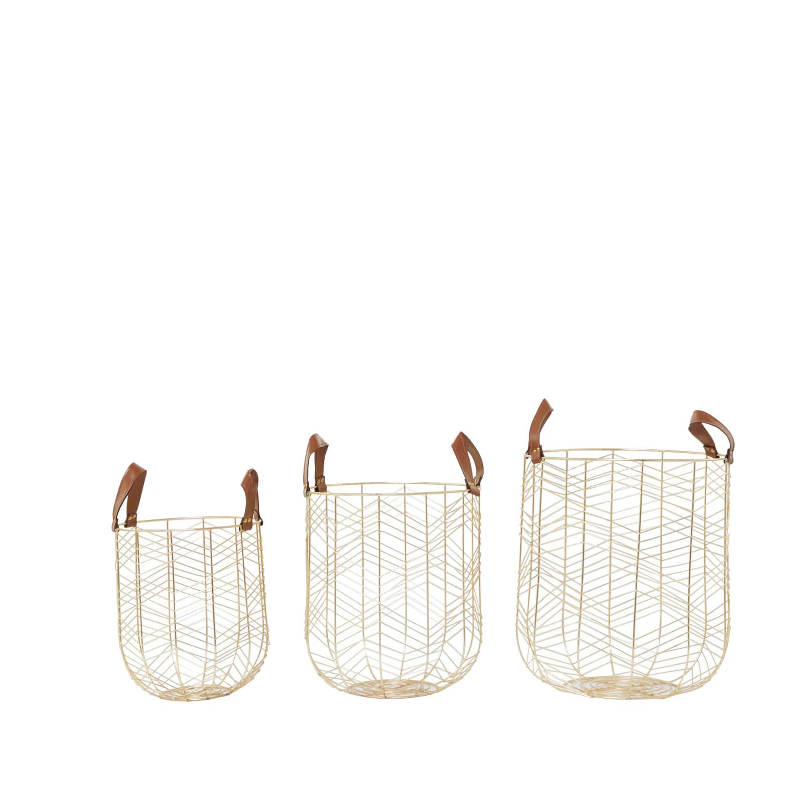 CosmoLiving by Cosmopolitan Gold Metal Storage Basket with Faux Leather Handles Set of 3 16", 14", 12"