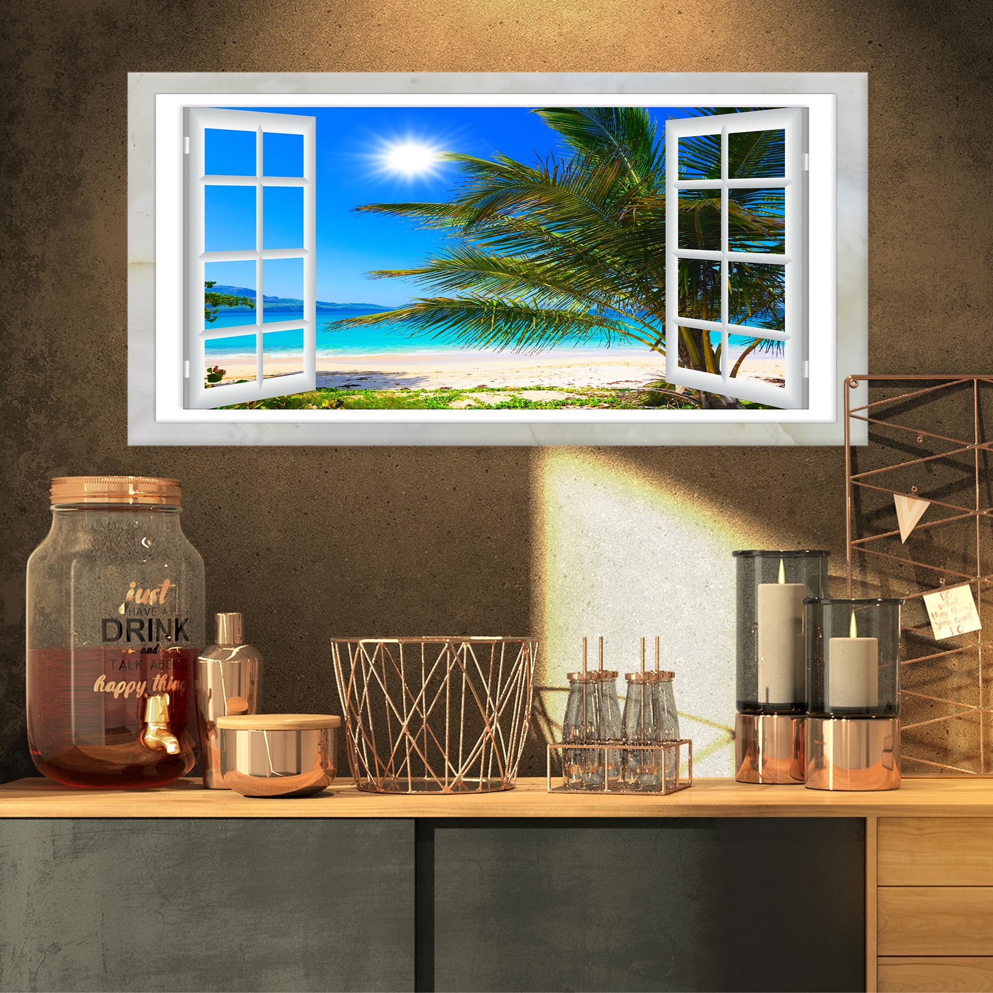 Designart - Window Open to Beach with Palm - Extra Large Seashore Canvas Art