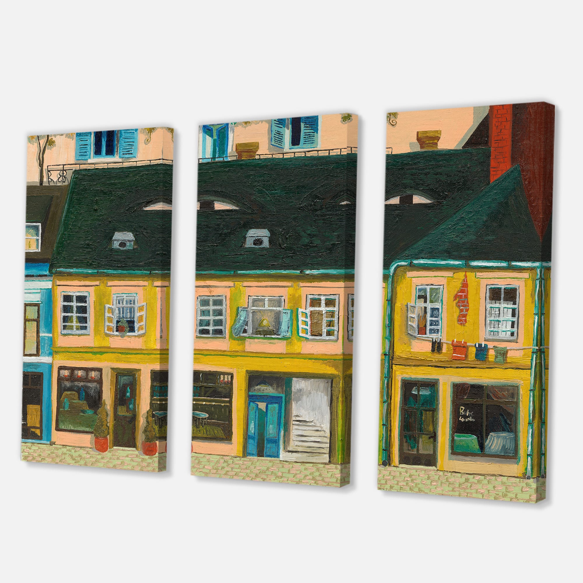 Designart - Yellow Facade of Houses In Street In Paris - French Country Canvas Wall Art Print