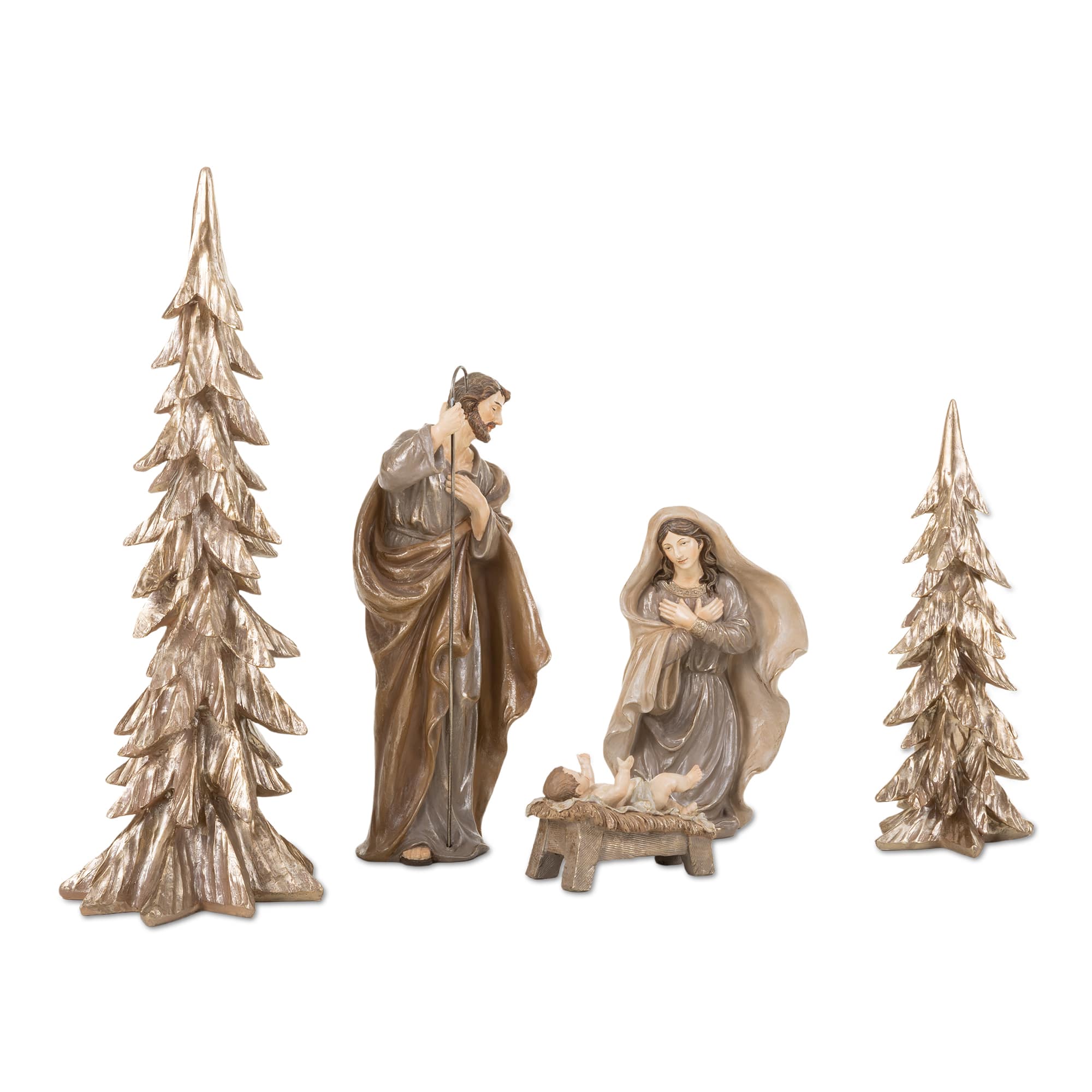 Glitzhome® 5-Piece Brown Resin Holy Family & Christmas Trees Figurine Set