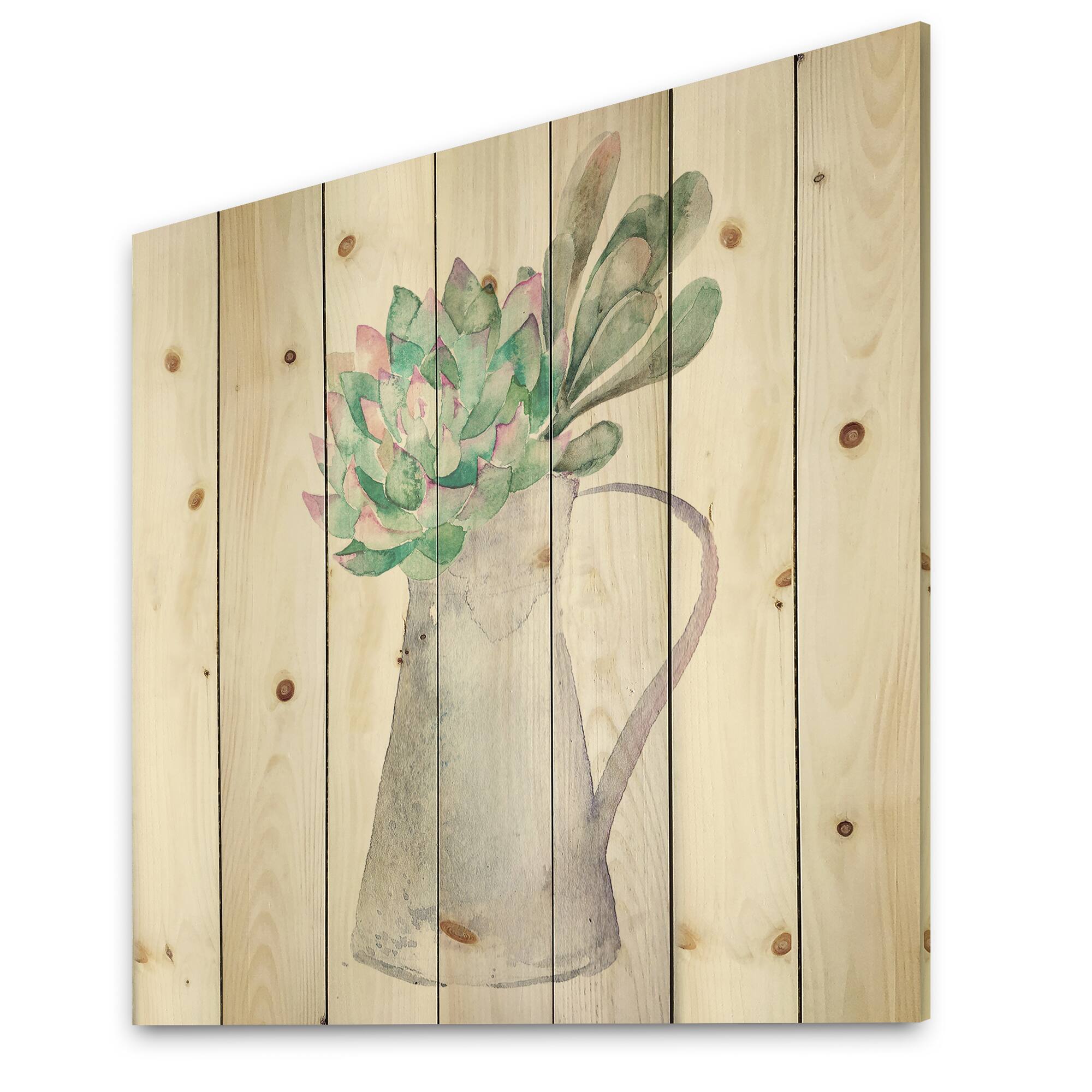 Designart - Succulent Home Plant - Traditional Print on Natural Pine Wood