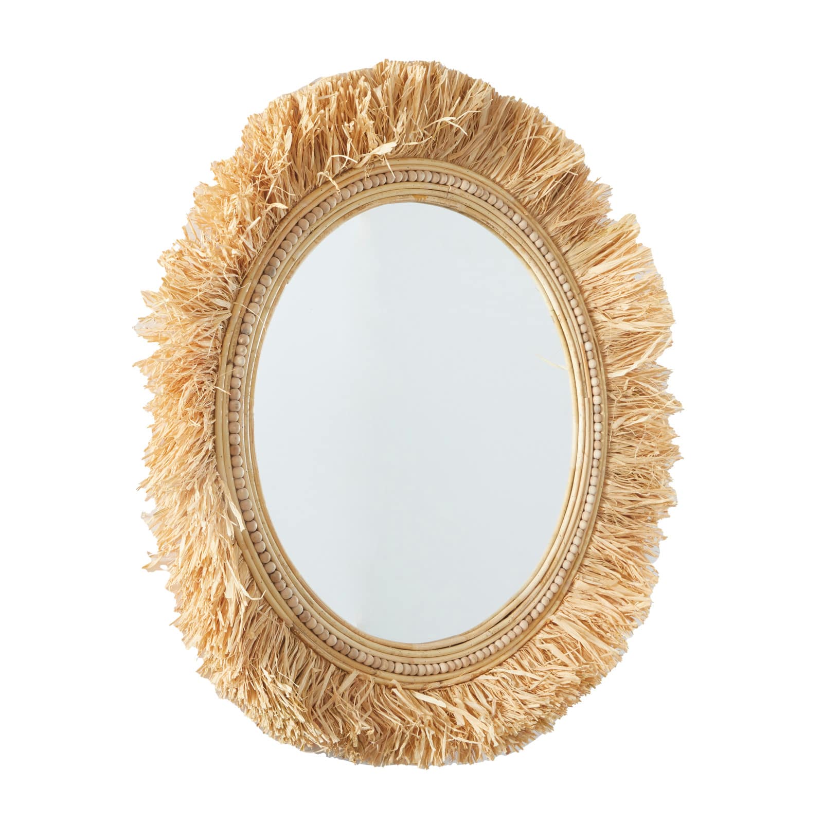 Light Brown Seagrass Wall Mirror with Fringe Detailing 35" x 1" x 35"