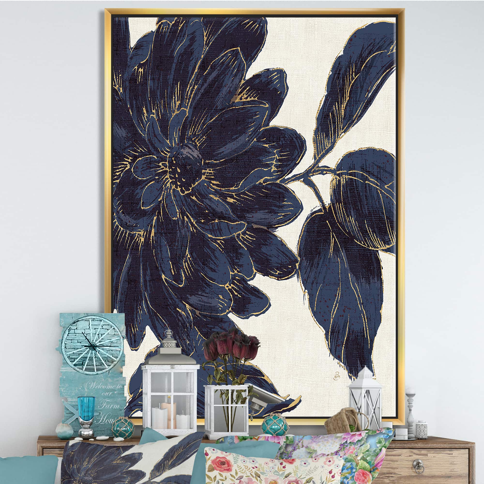 Designart - Indigo Gold Metallic Flower
