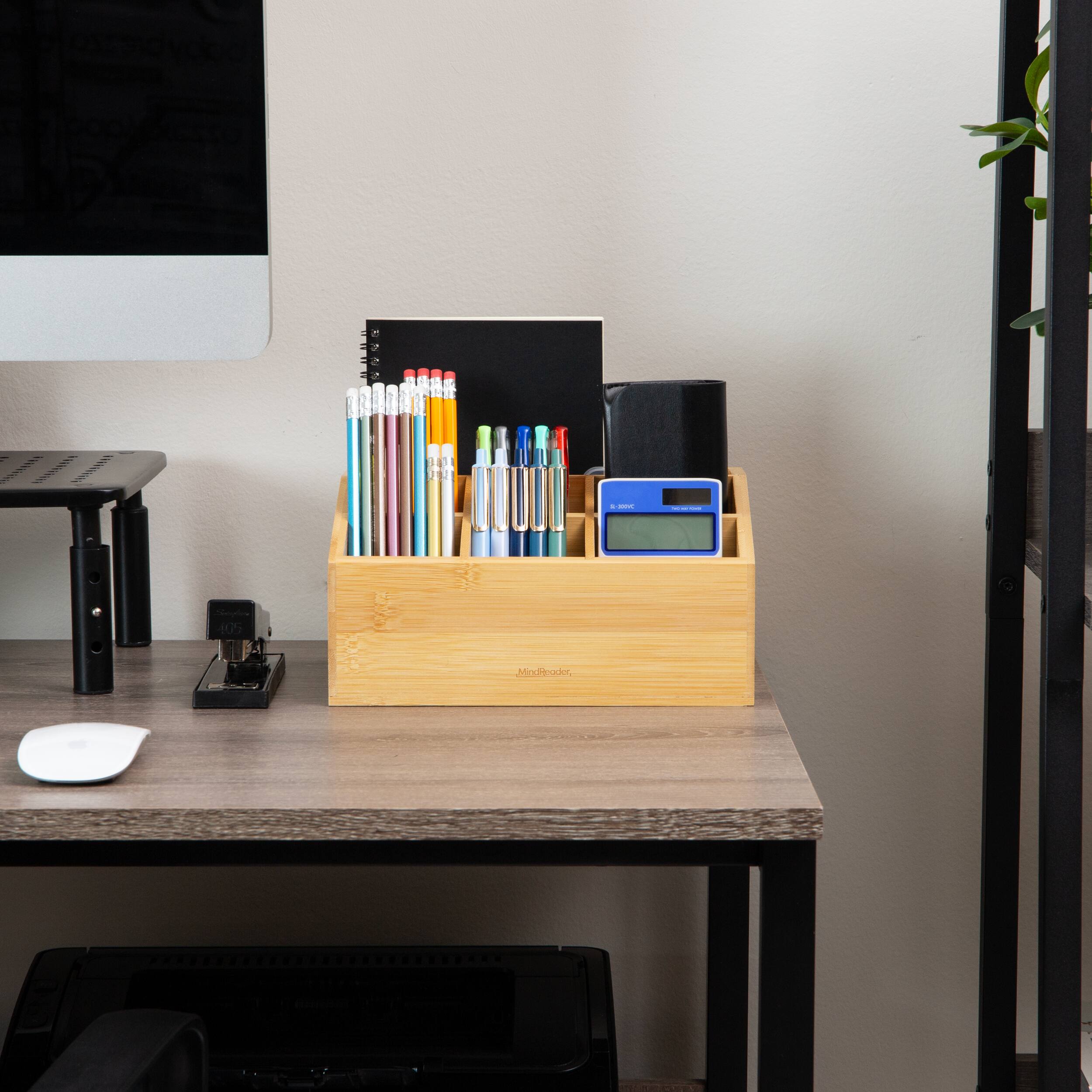 Mind Reader Desktop Organizer, 7-compartment, Office Essentials, Modern, Office, Bamboo, Brown