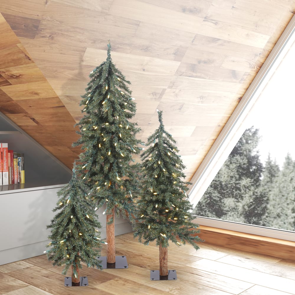 2ft., 3ft. & 4ft. Pre-Lit Natural Bark Alpine Artificial Christmas Tree Set, Clear Dura-Lit® Lights