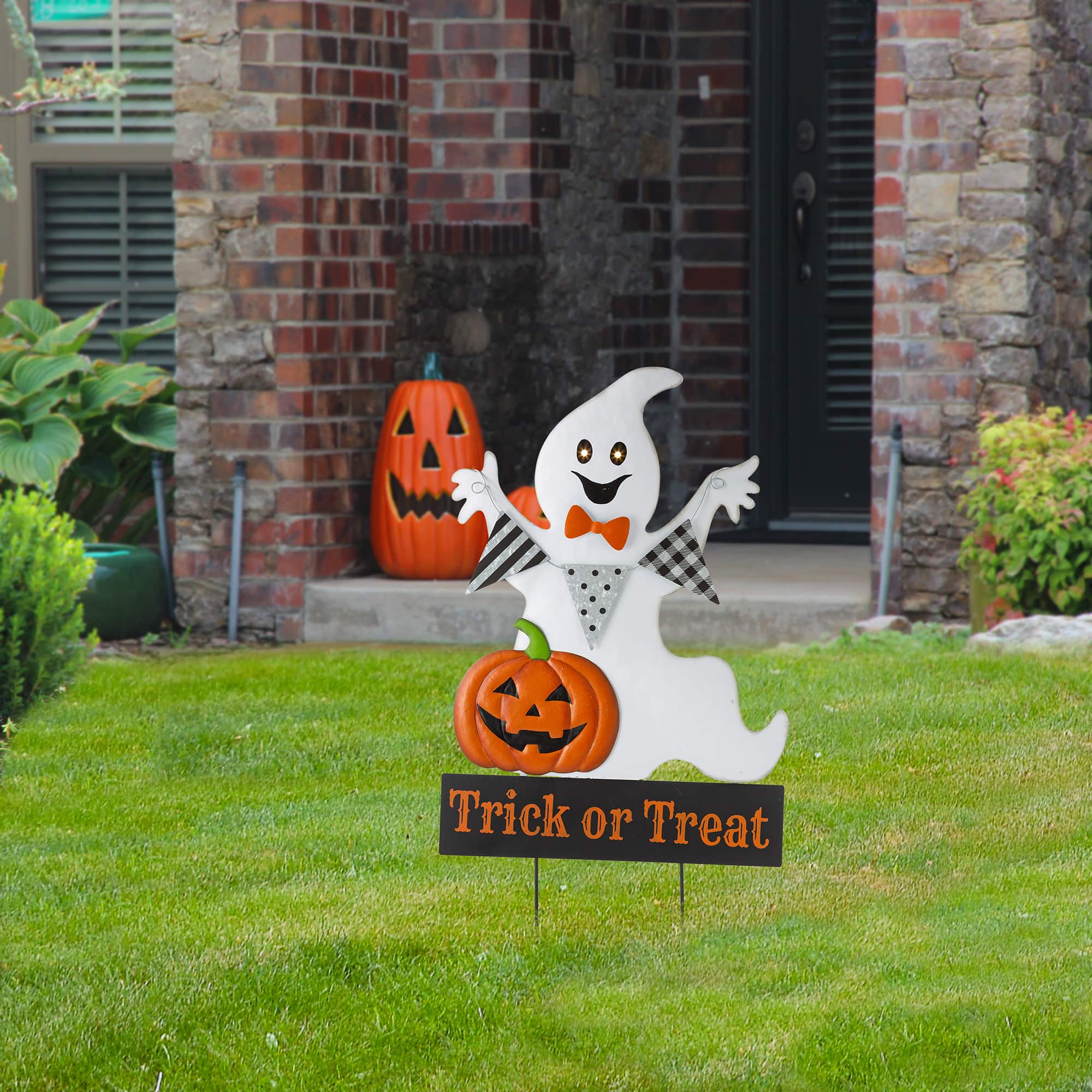 Glitzhome® 32" Lighted Metal Halloween Ghost Yard Stake with Timer