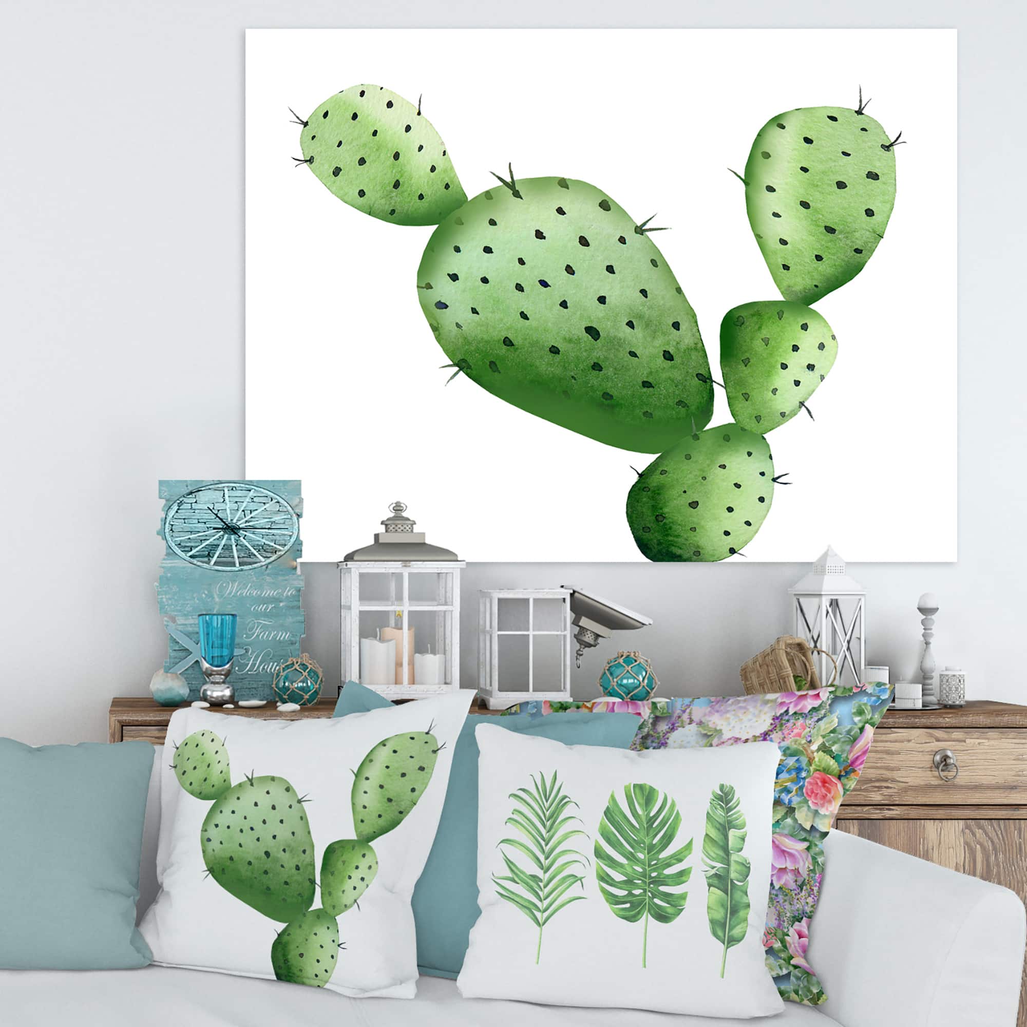 Designart - Green Southwestern Cactus - Tropical Canvas Wall Art Print