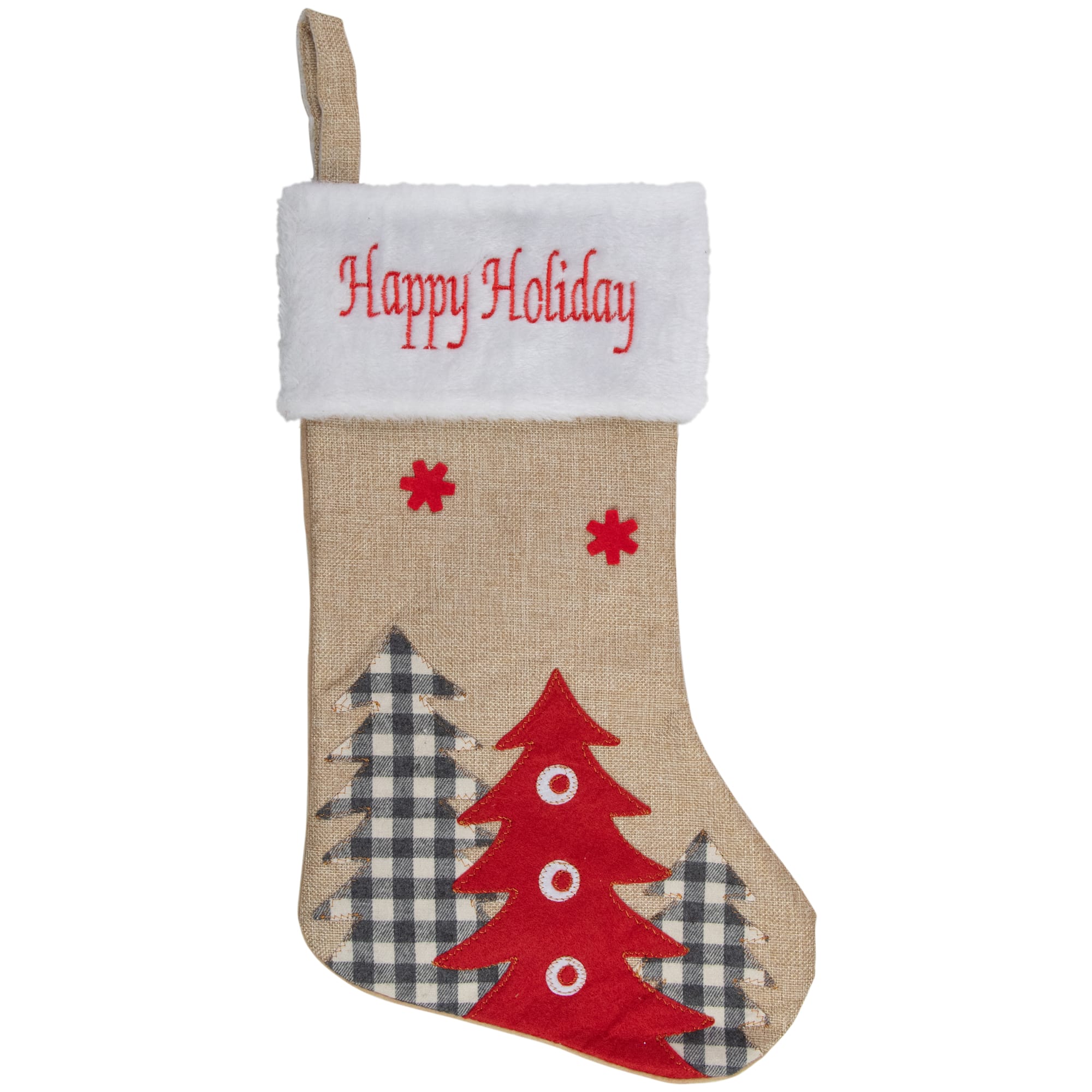19" Beige & Red Burlap Happy Holidays Forest Trees Christmas Stocking