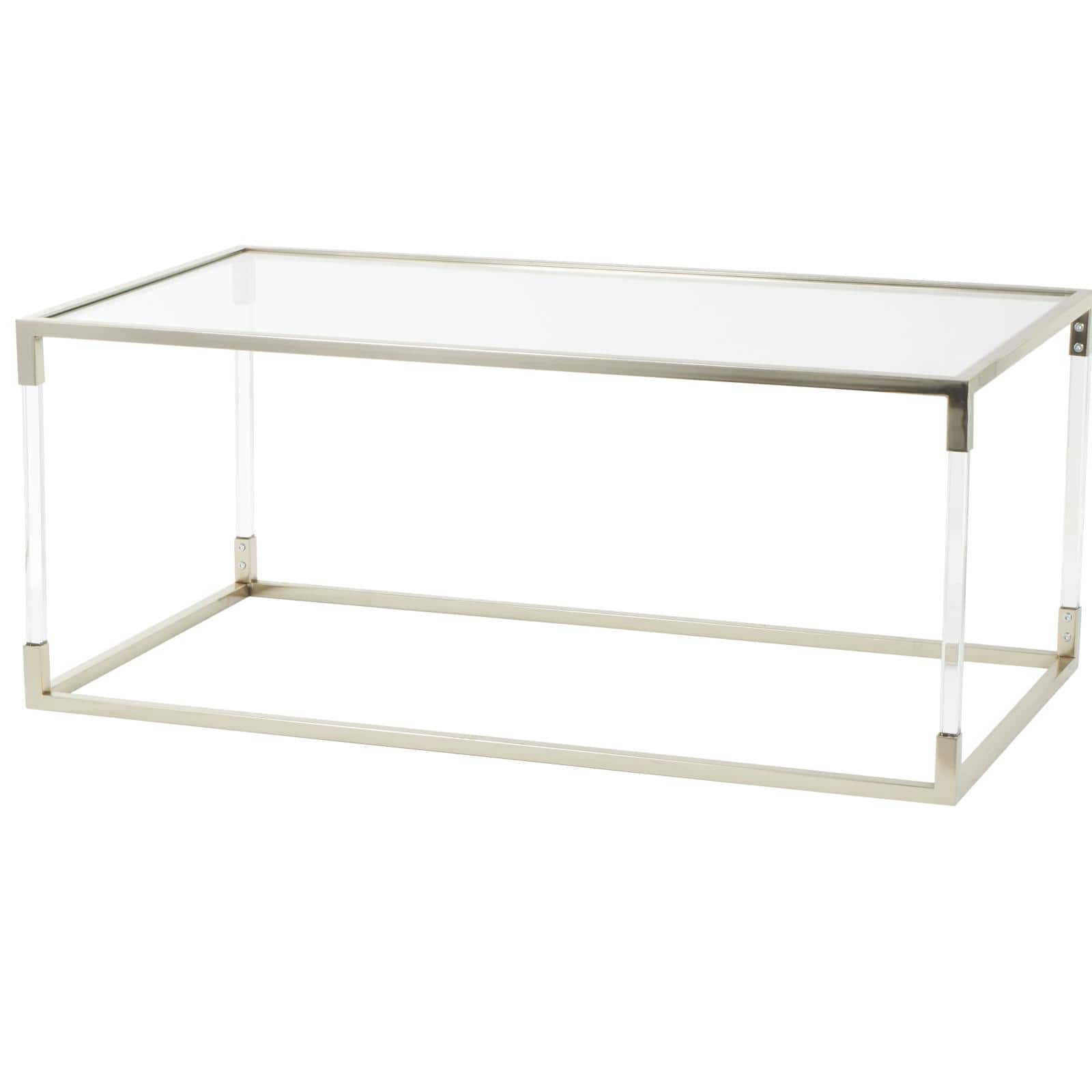 46" Silver Metal Minimalistic Open Framed Living Room Coffee Table with Clear Glass Top & Acrylic Legs