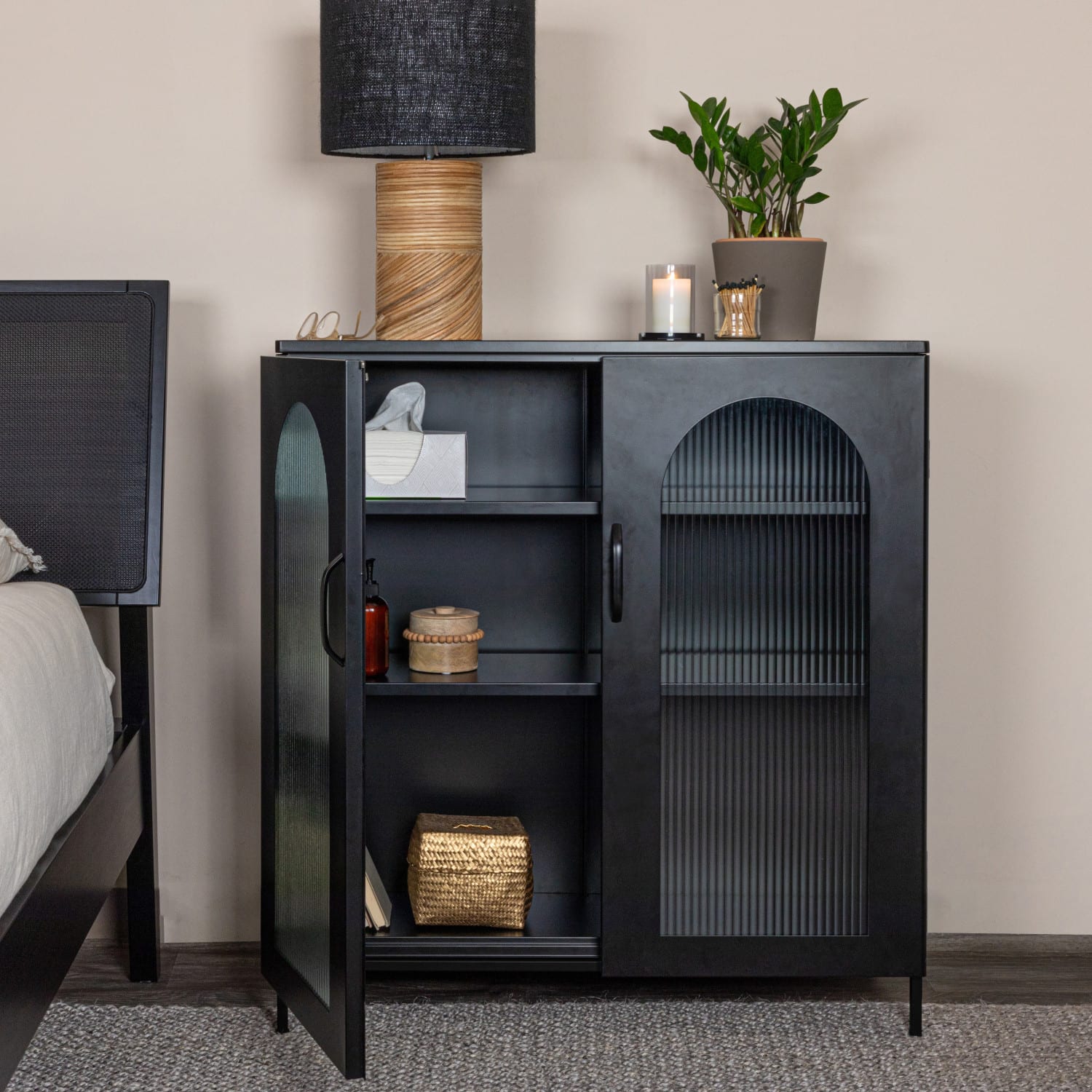 Hello Honey® Solstice 3ft. Black Metal Cabinet with Arched Glass Doors