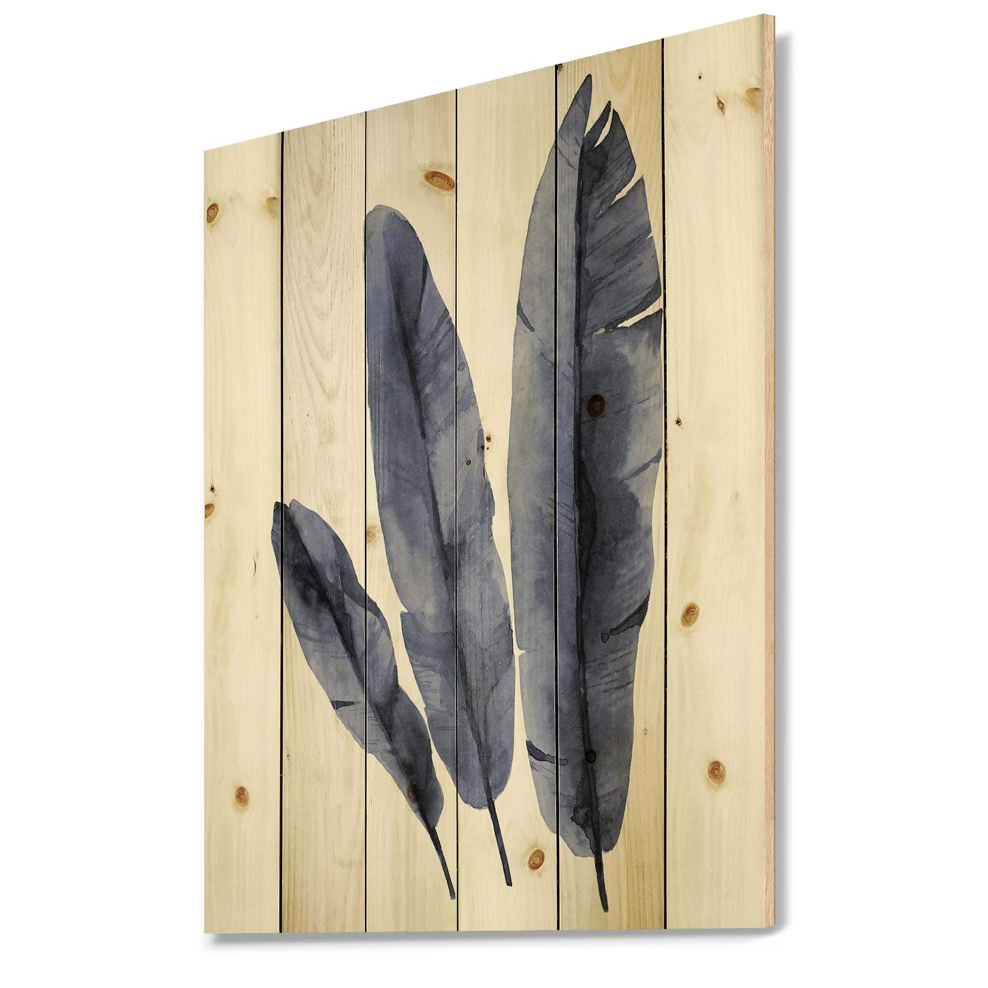 Designart - Navy Blue Tropical Banana Leaves - Tropical Print on Natural Pine Wood