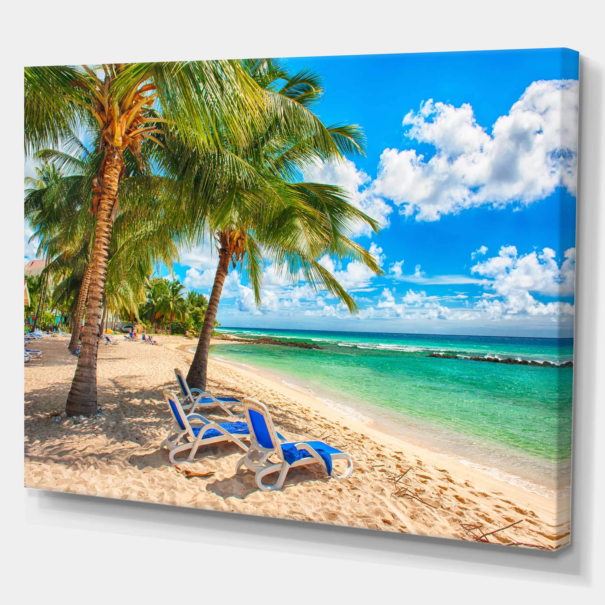 Designart - Blue chairs at the tropical white sand beach - Landscapes Sea & Shore Photographic on wrapped Canvas