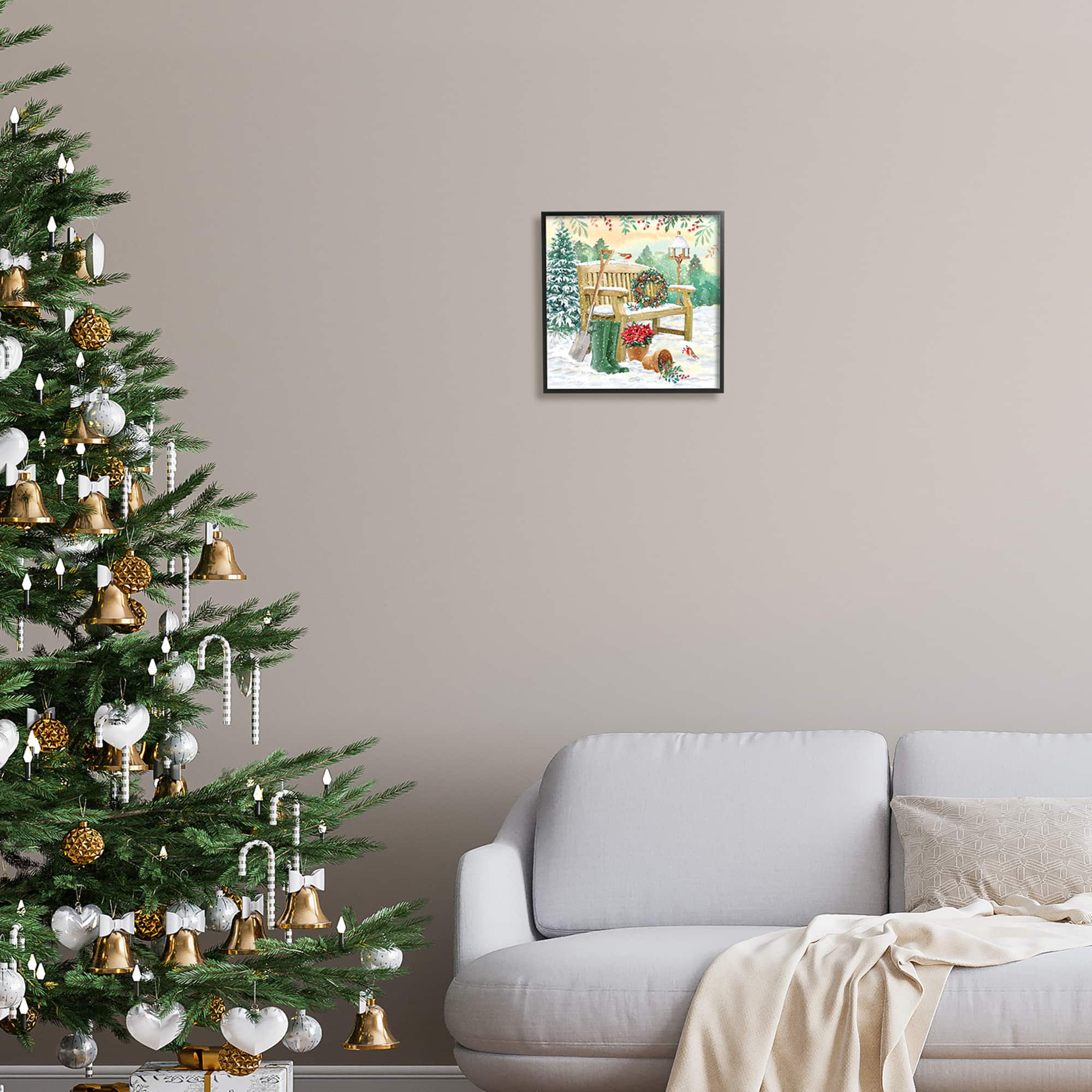 Stupell Industries Snowy Bench Seasonal Holly Plants Framed Giclee Art