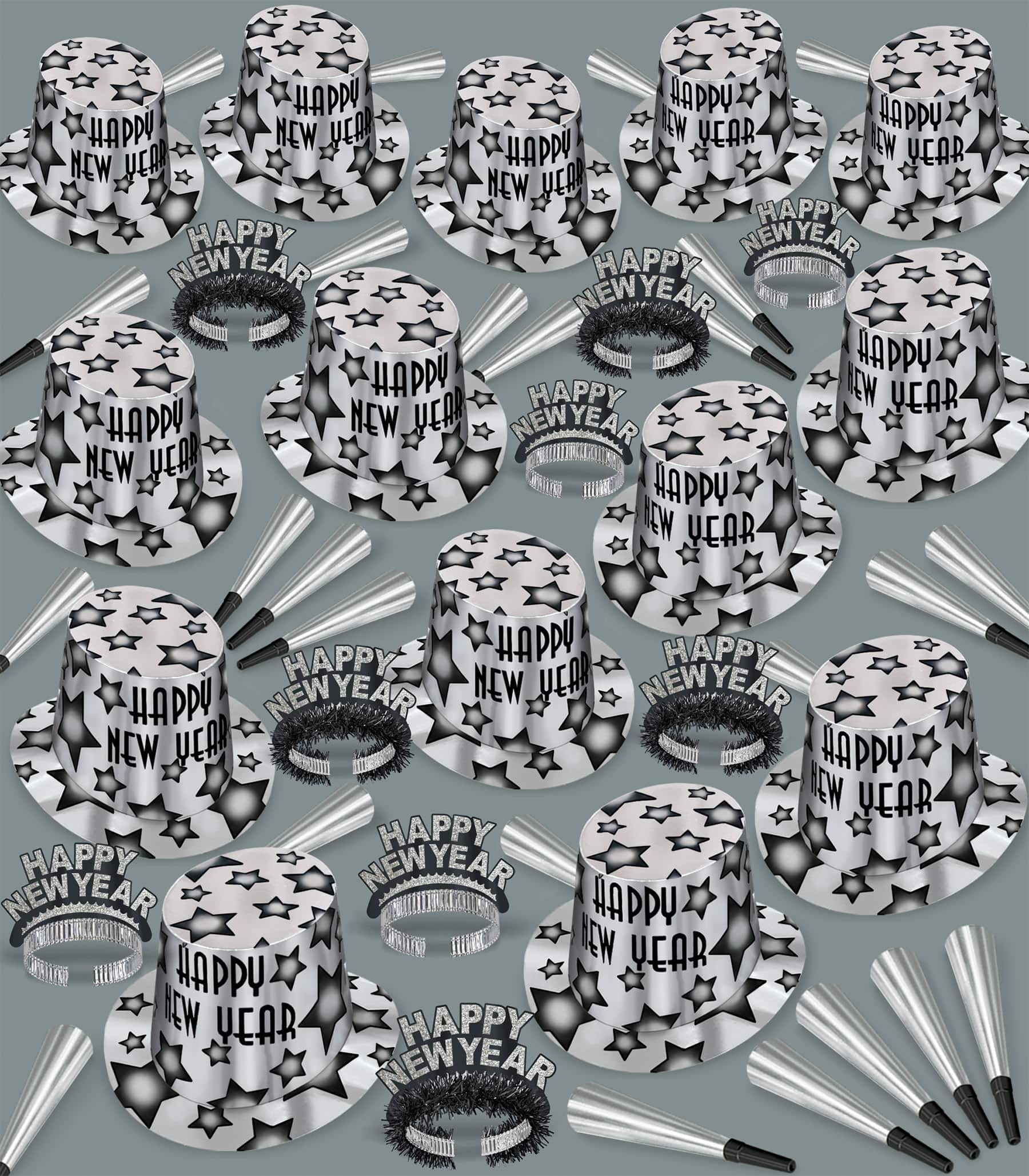 Beistle Silver & Black New Year Gem-Star Deluxe Party Favor Kit for 100