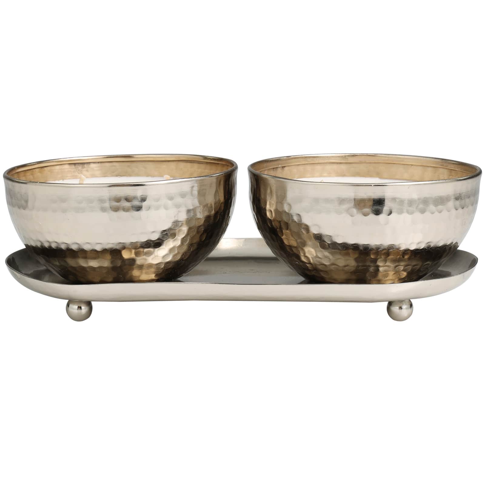 White Wax Vanilla Marshmallow Scented Candle Set with Silver Hammered Containers and Oval Holding Tray