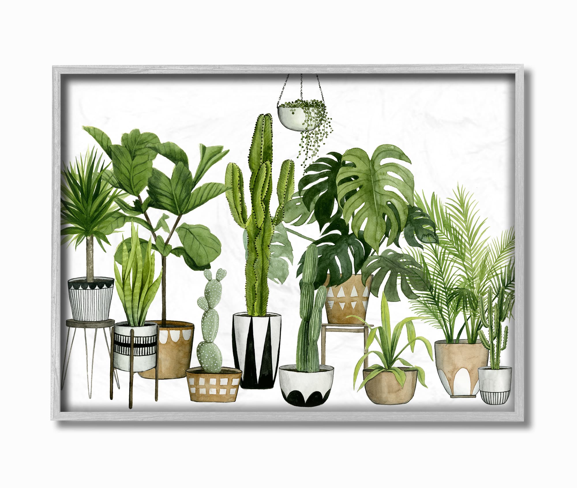 Stupell Industries Watercolor Boho Plant Scene with Cacti and Succulents in Geometric Pots Gray Framed Wall Art