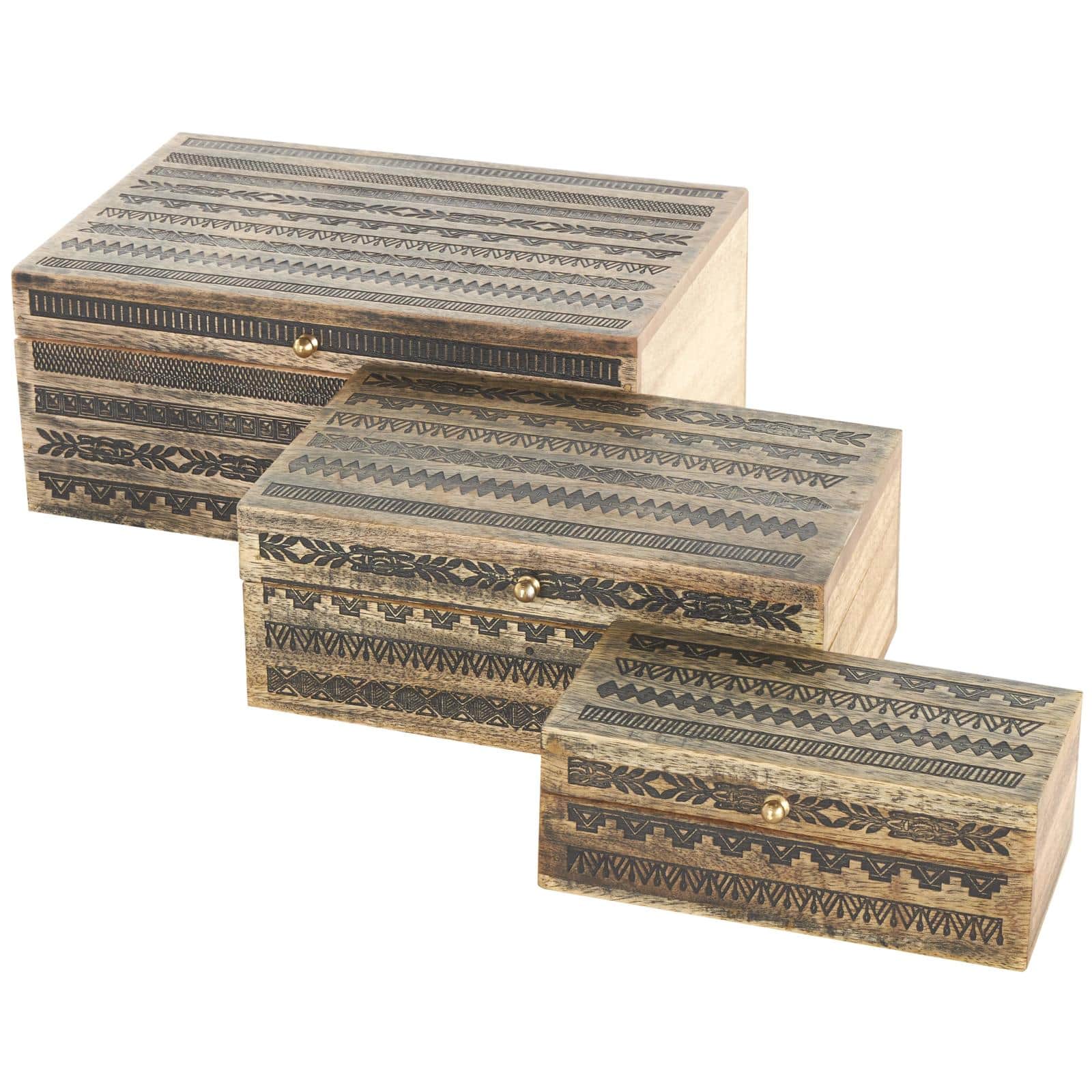 Brown Handmade Storage Box Set with Black Tribal Carvings & Gold Accents