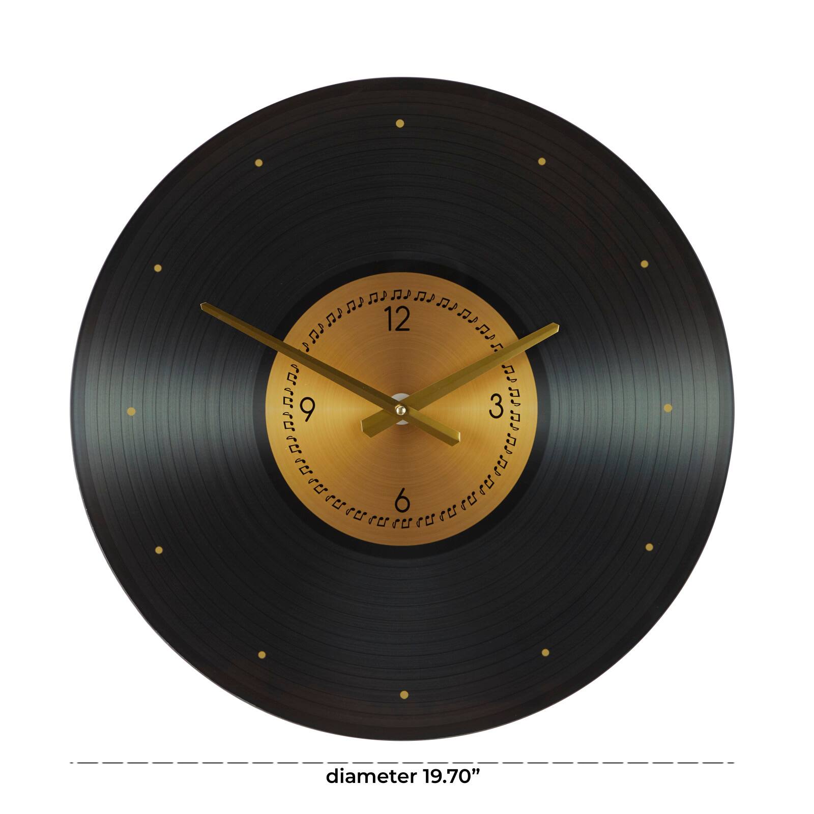 20" Black Glass Record Style Musical Notes Wall Clock