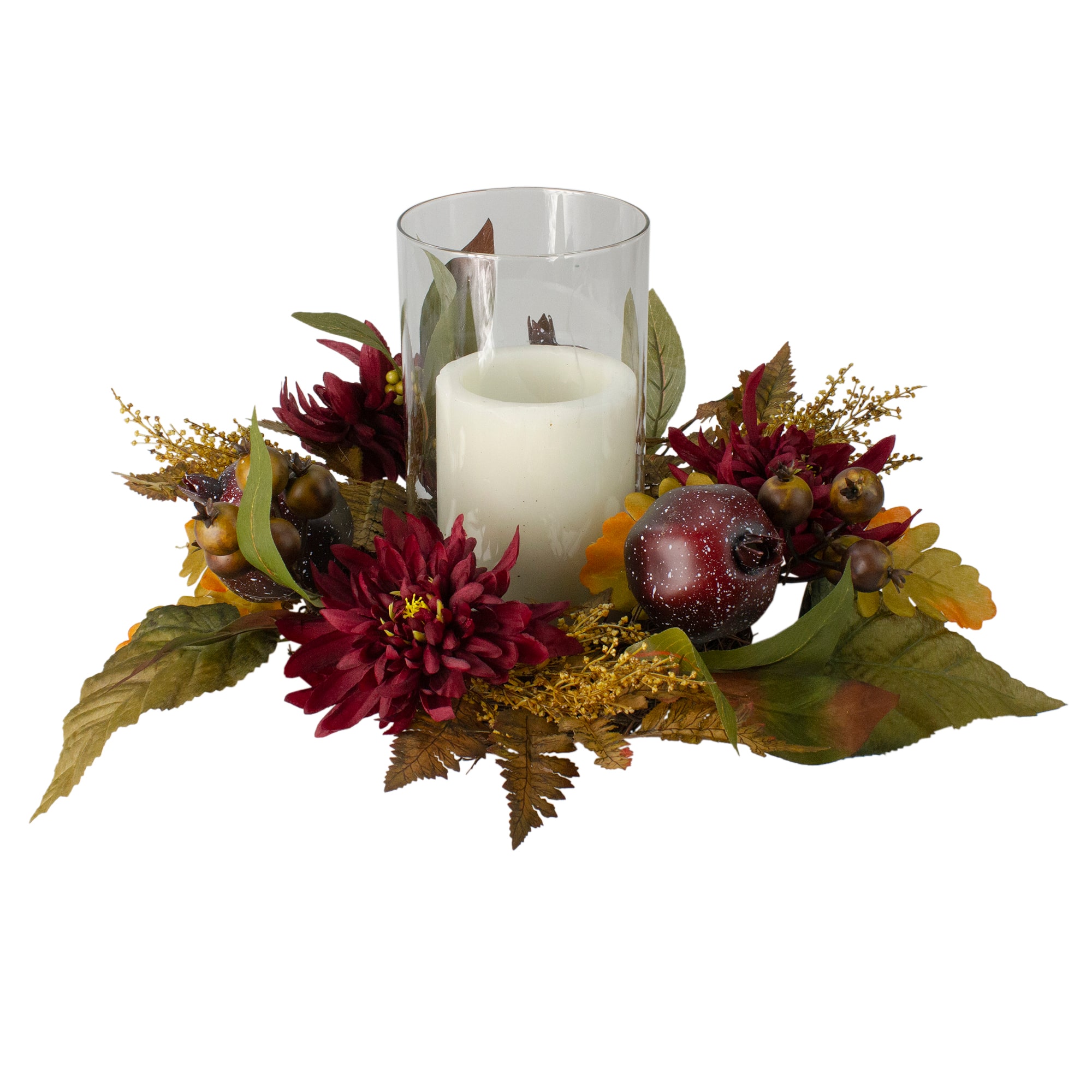 22" Mums with Pomegranate Fall Candle Holder Centerpiece