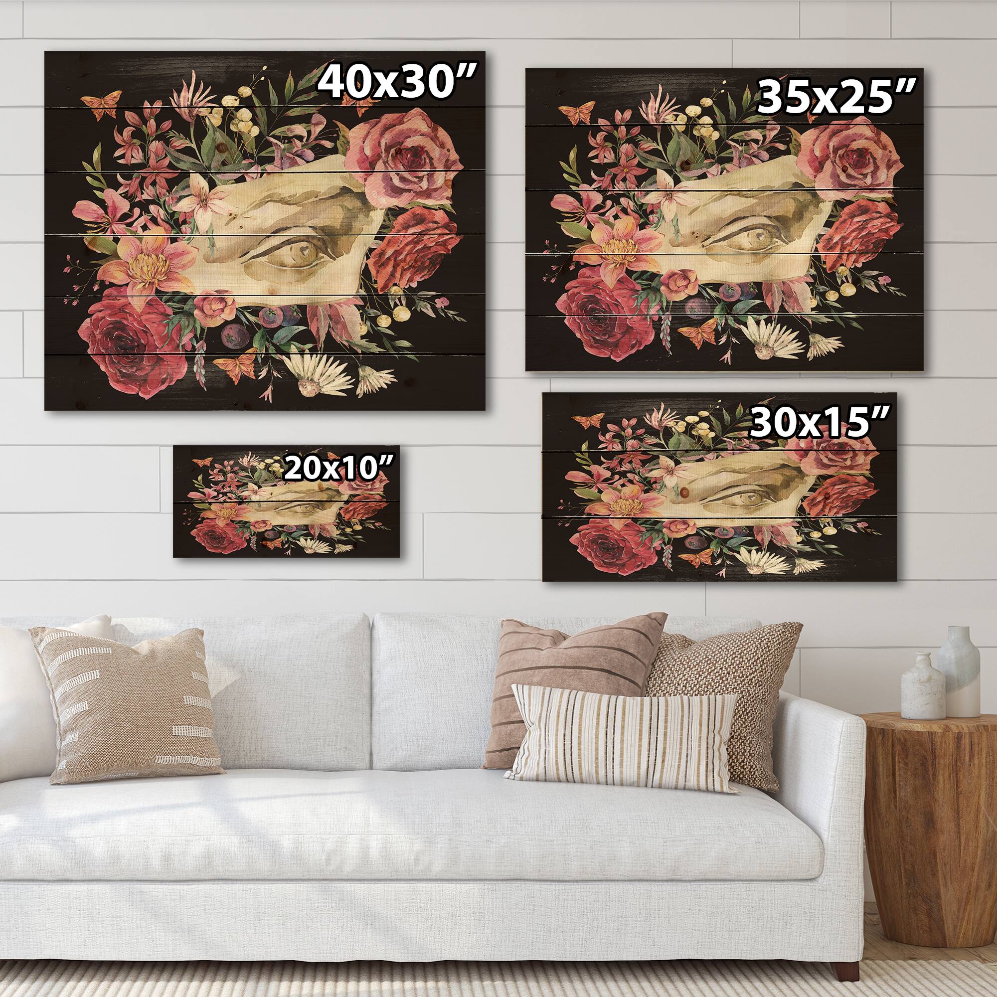 Designart - Greek Sculpture David Eye With Dried Wildflowers - Farmhouse Print on Natural Pine Wood