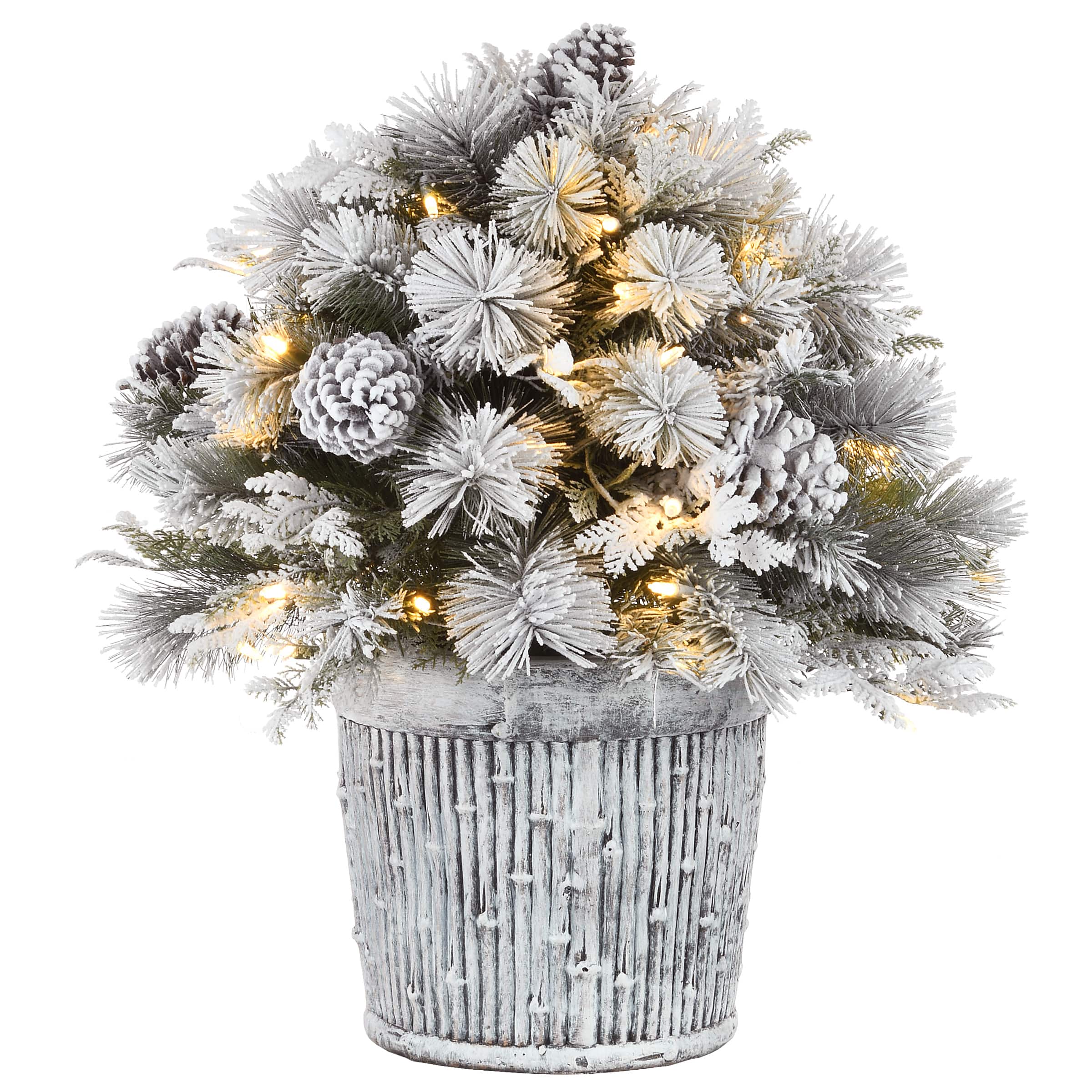 22" Pre-Lit Flocked Chiwawa Basin Pine Tree With Pinecones In Gray Pot, Clear LED Lights