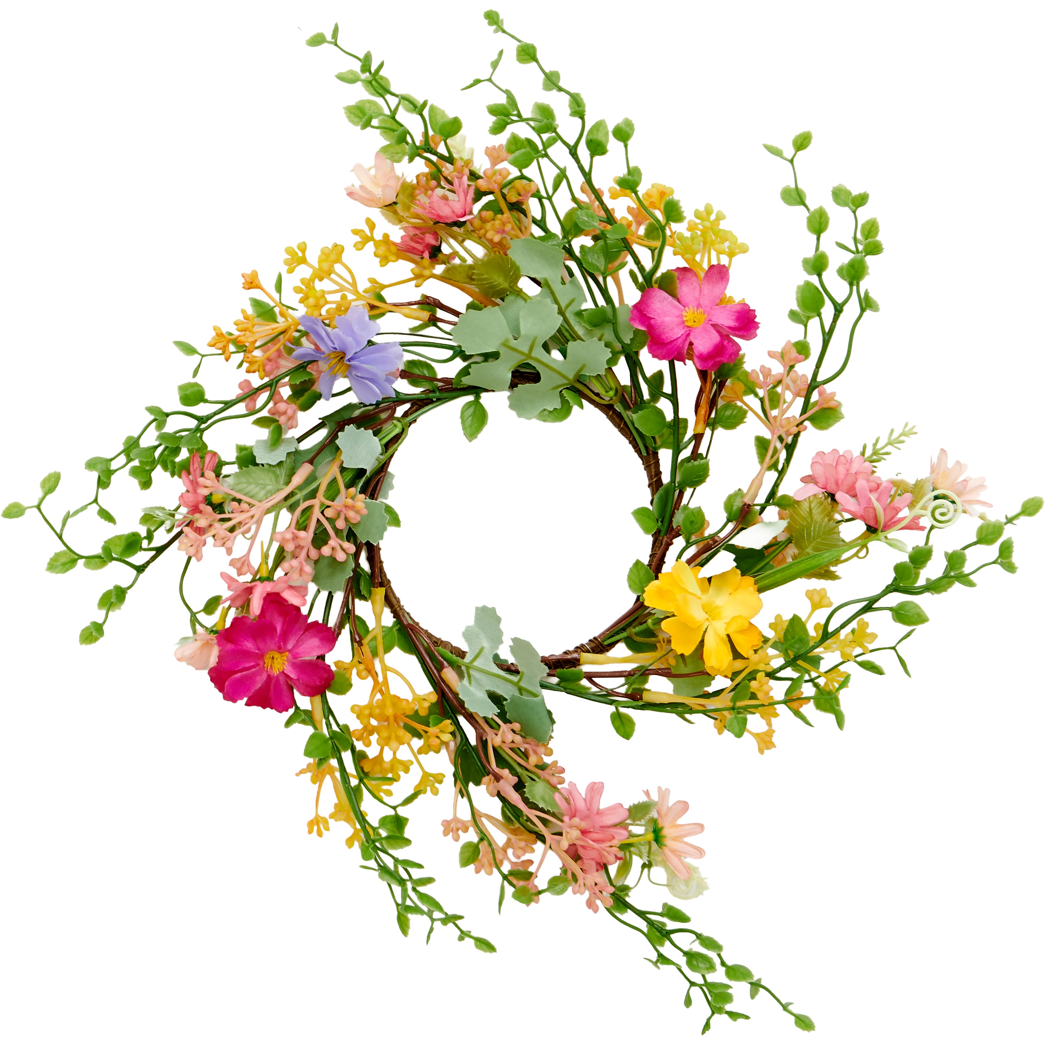4.5" Artificial Spring Flowers & Green Leaves Pillar Candle Ring